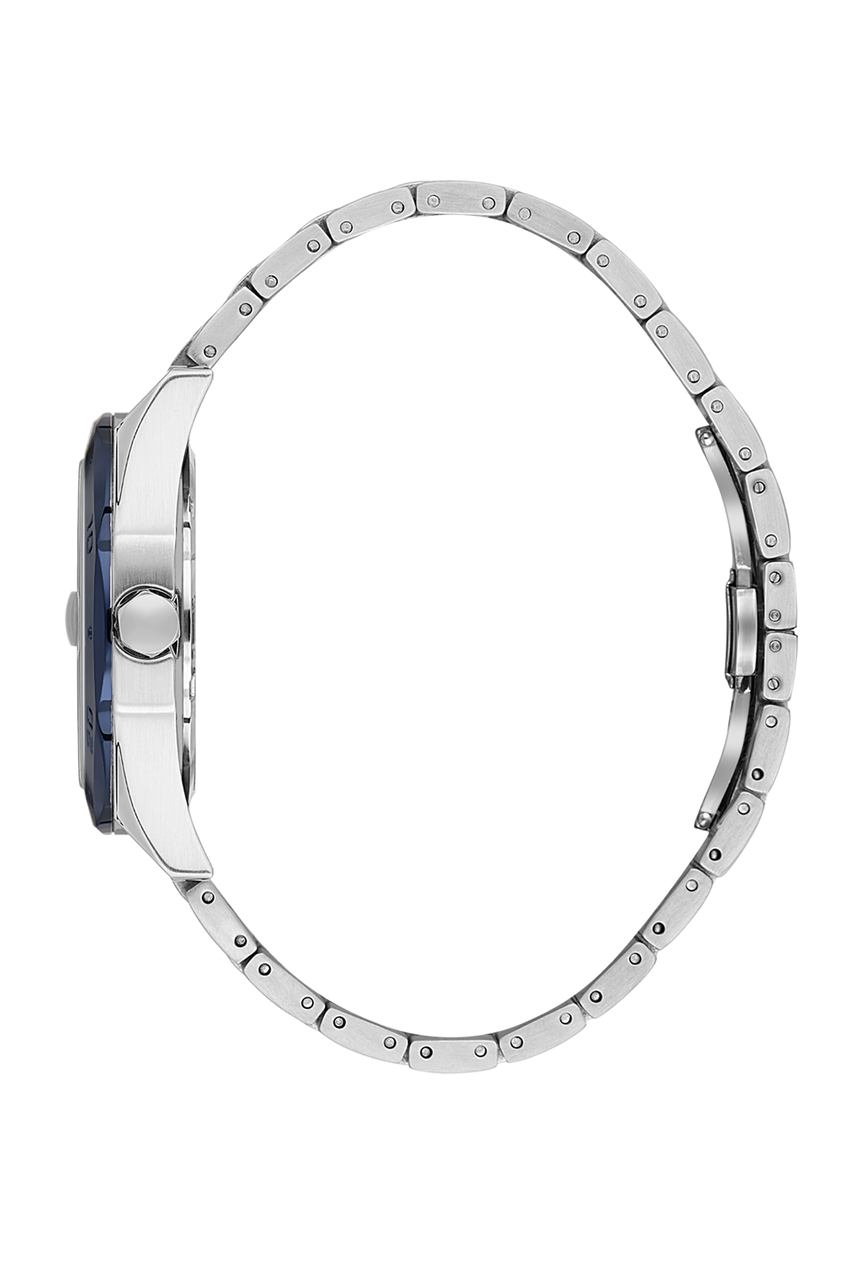 Close-up of a silver watch band on a white background