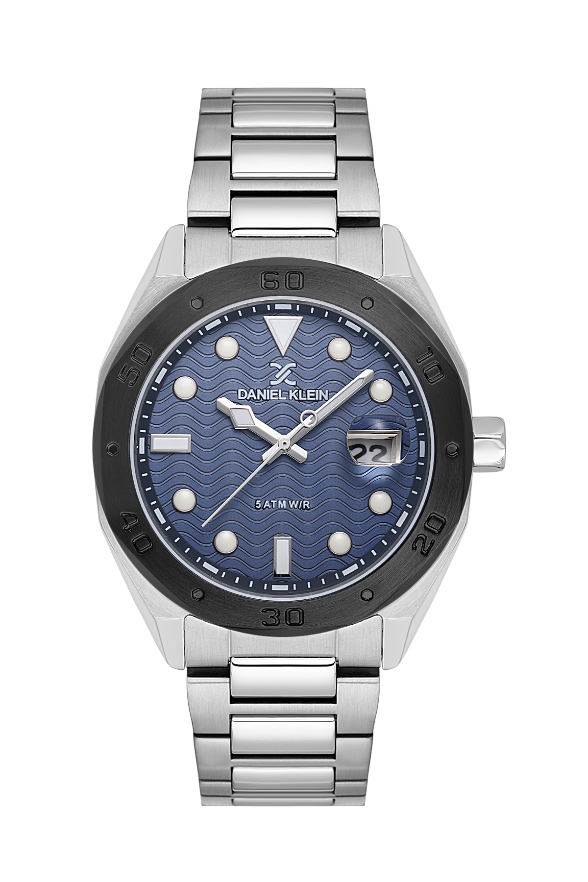 Silver watch with blue face on a white background