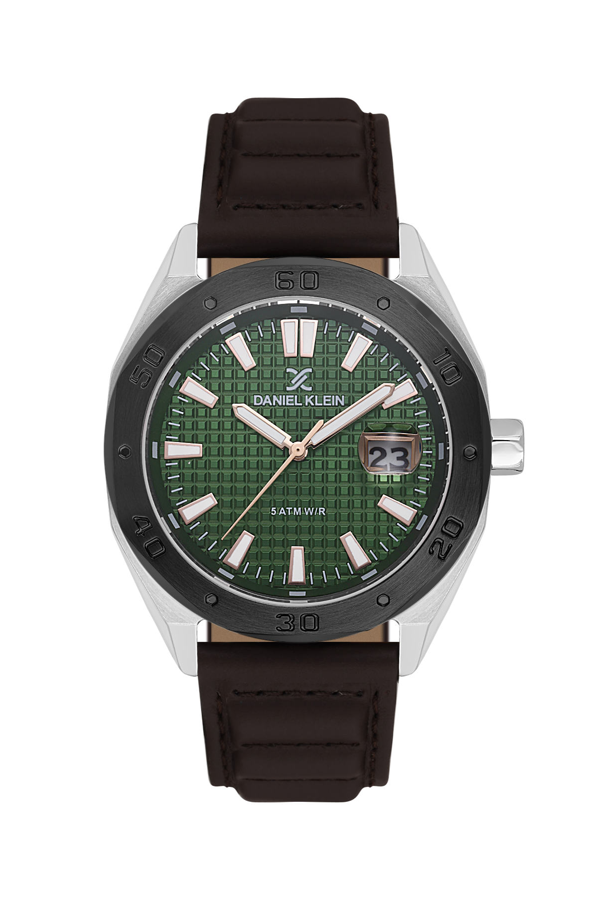 Watch with green dial and black strap on a white background