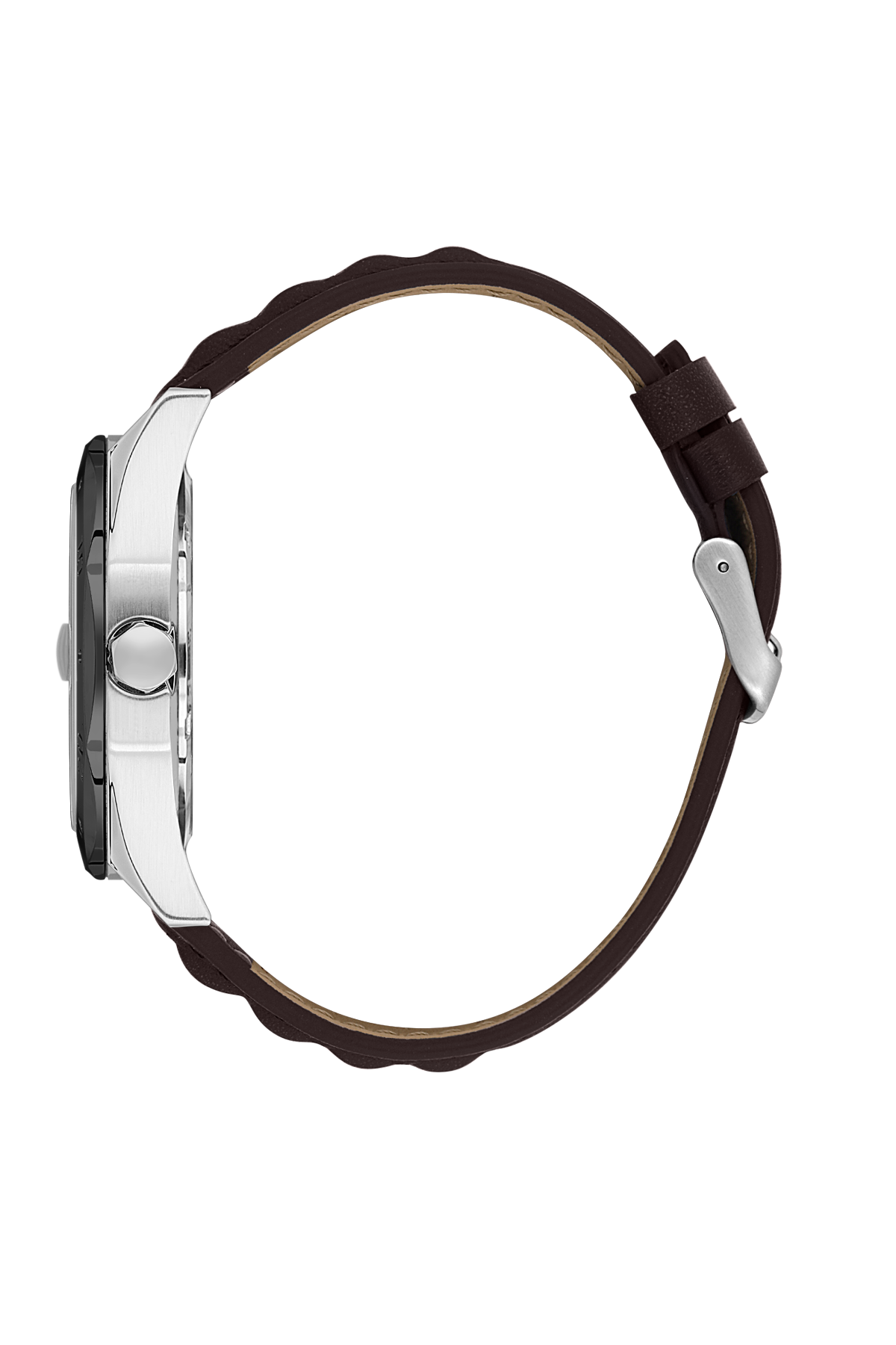 Watch with brown strap and silver case on a white background