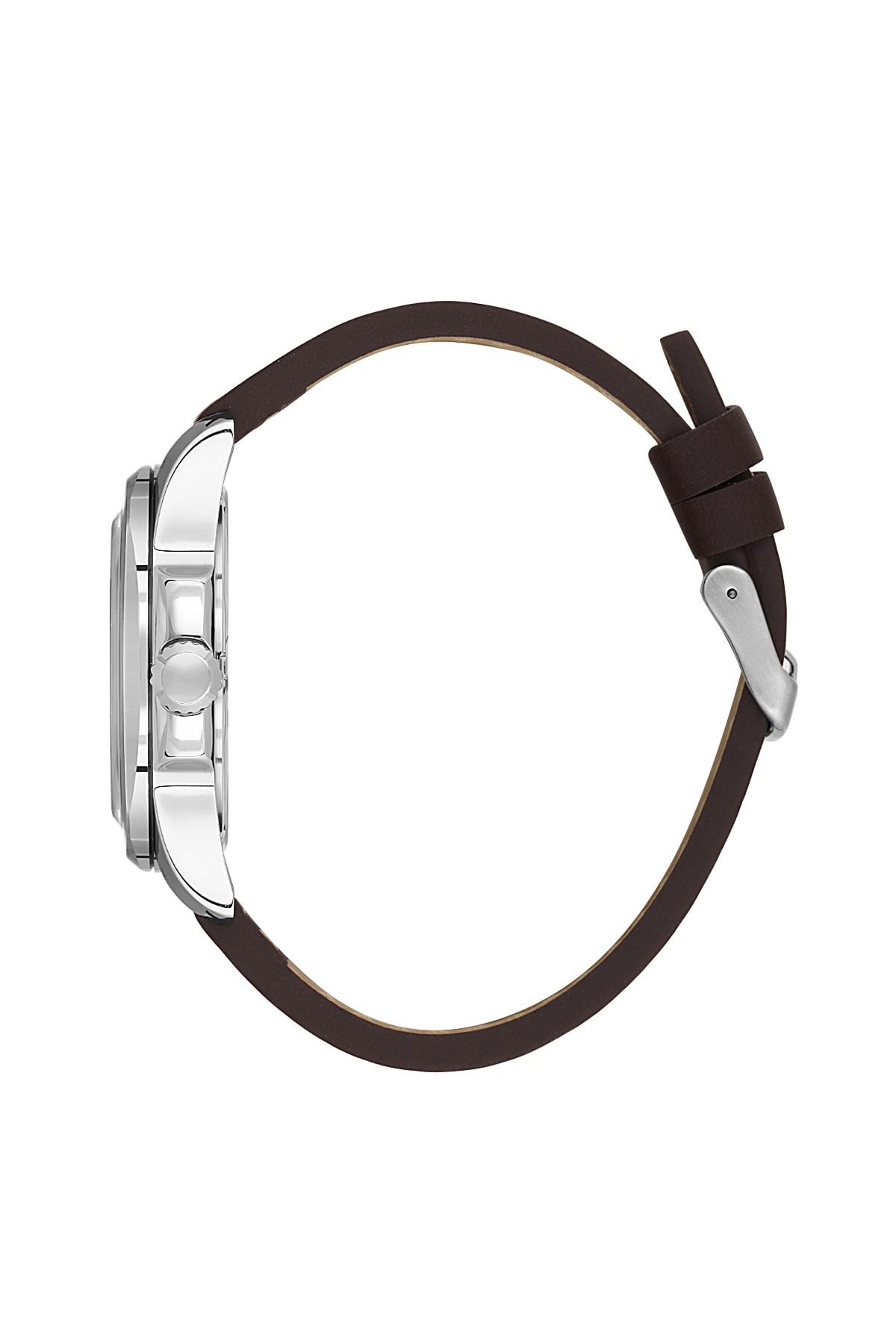 Watch with brown strap and silver case on a white background