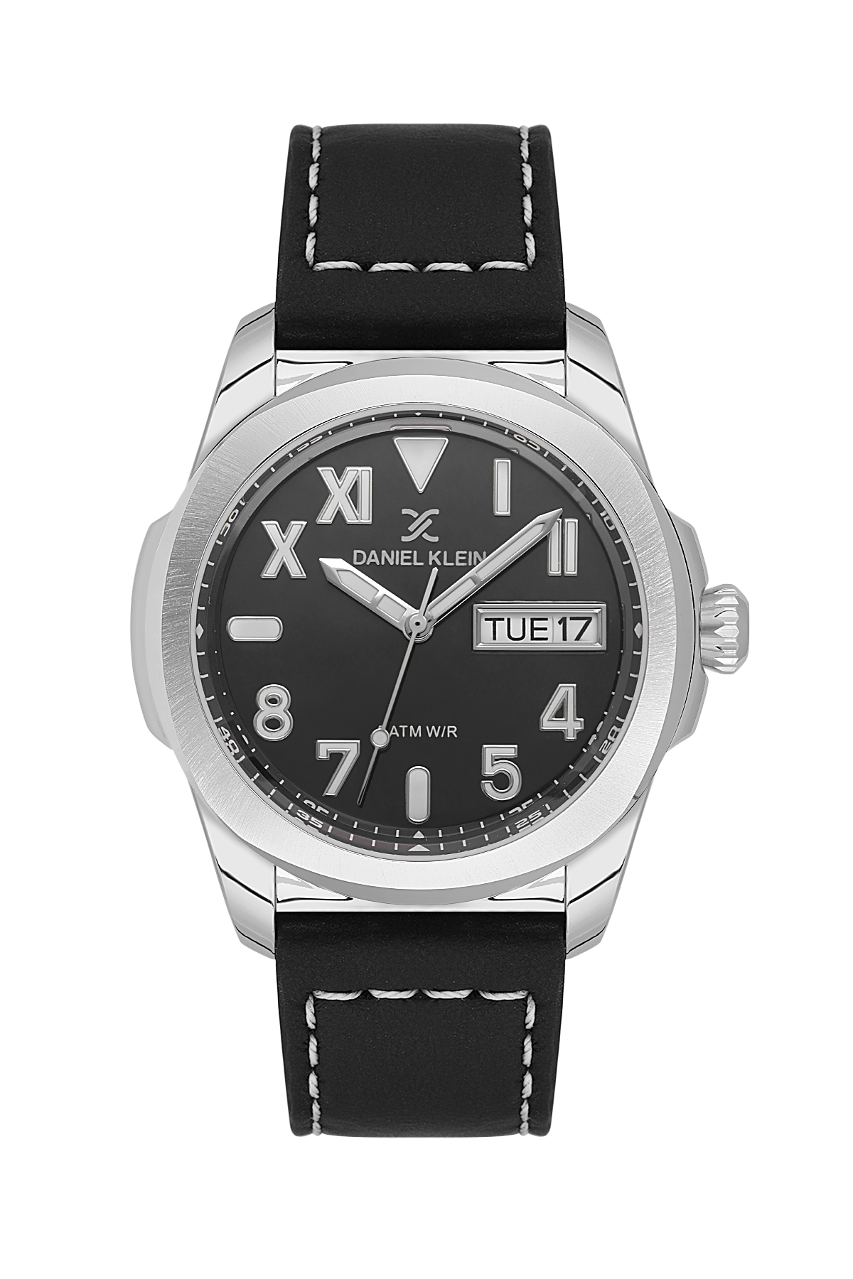 Black wristwatch with silver case and black leather strap on a white background