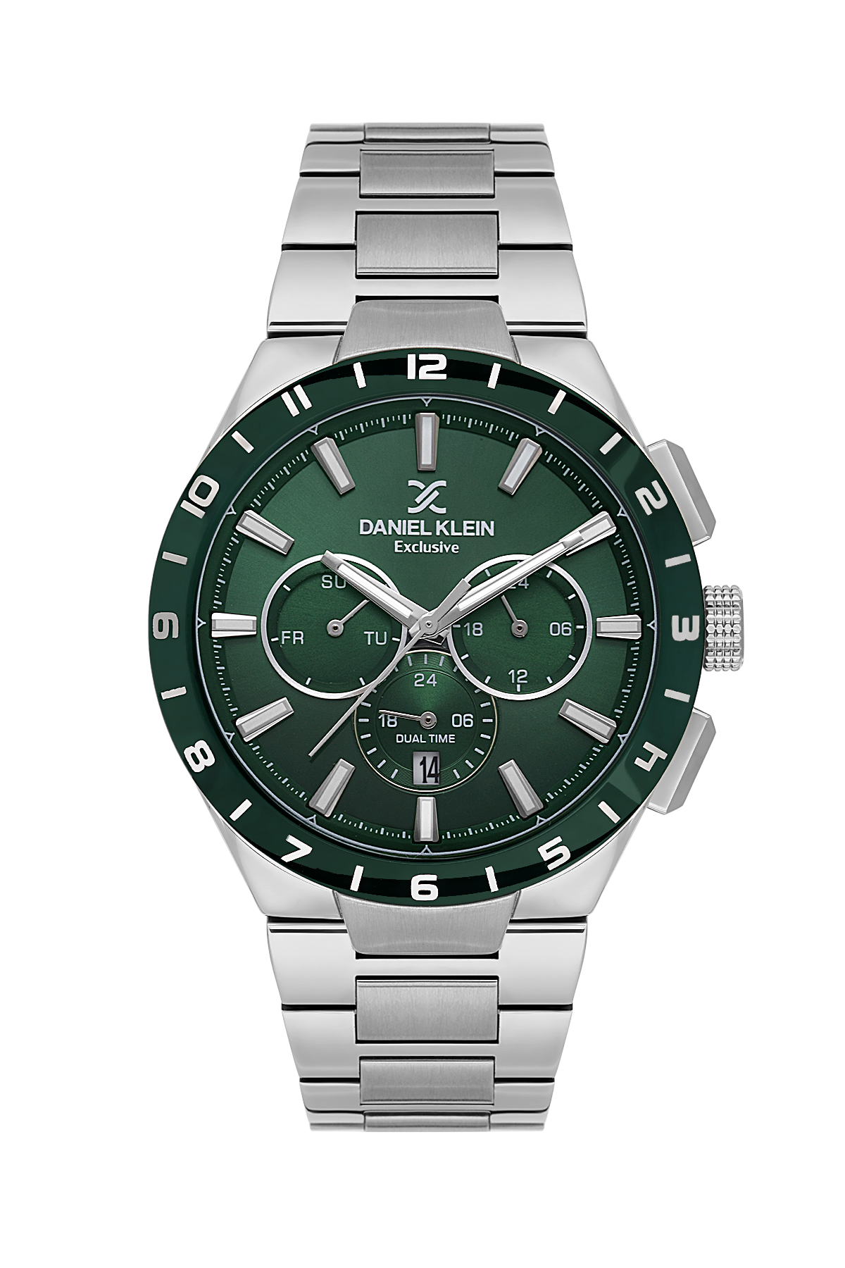 Daniel Klein watch with green dial and silver bracelet on a white background