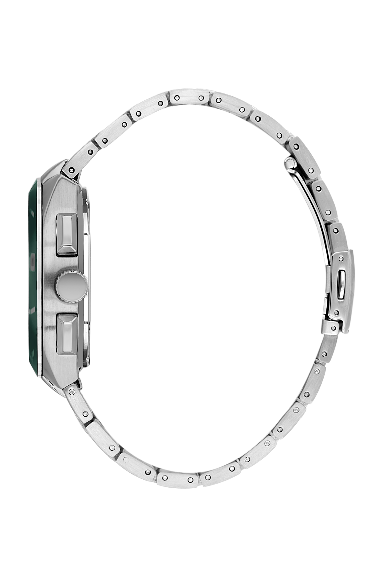 Silver watch case on a white background