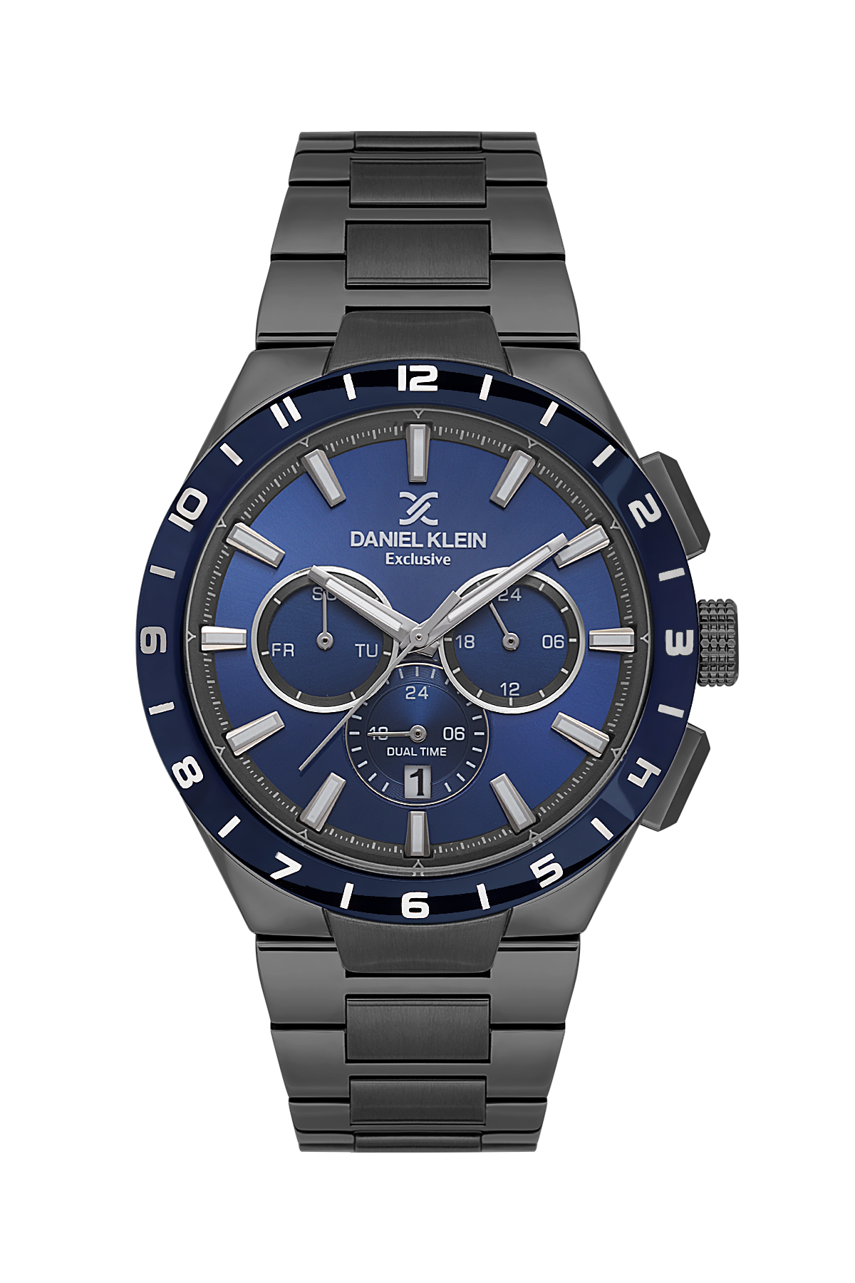 Daniel Klein watch with blue face and black metal strap on white background