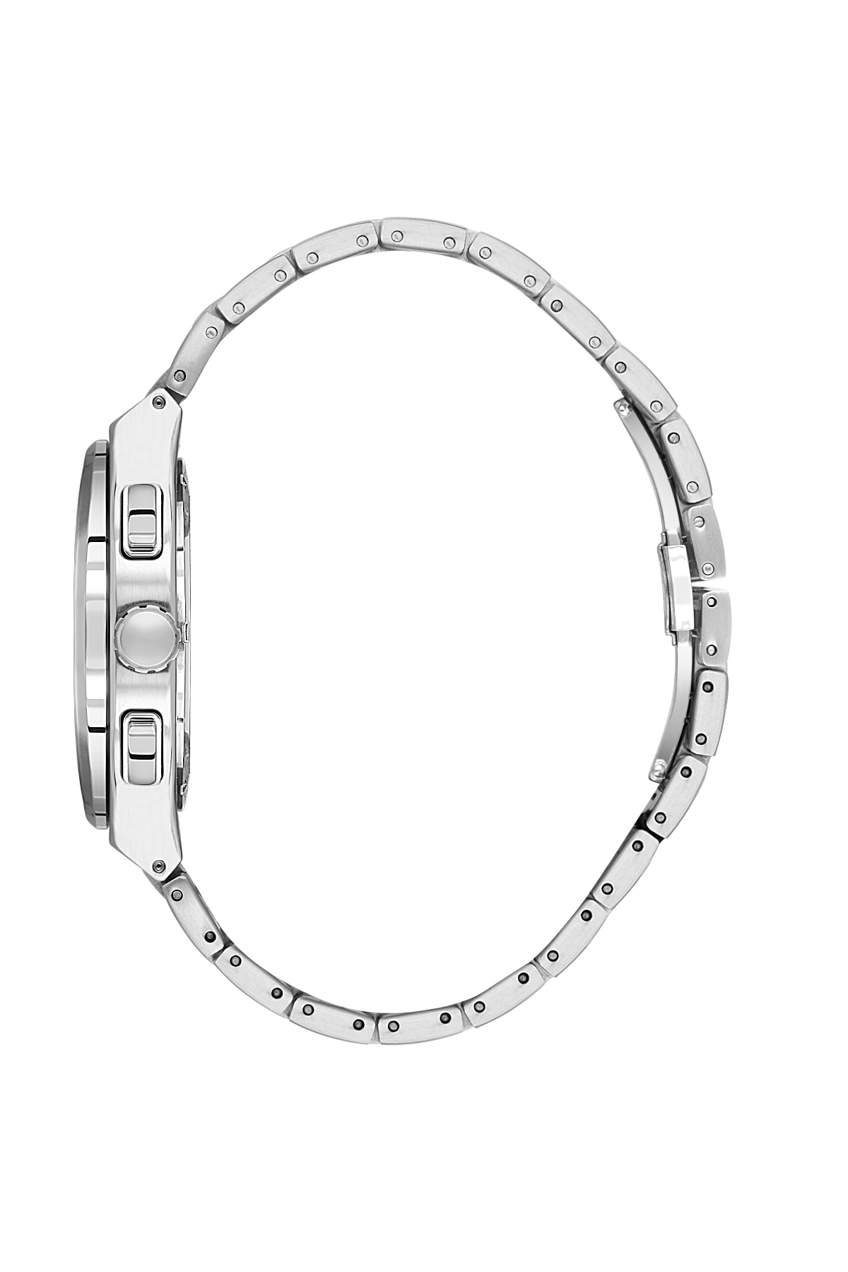 Close-up of a silver watch band on a white background