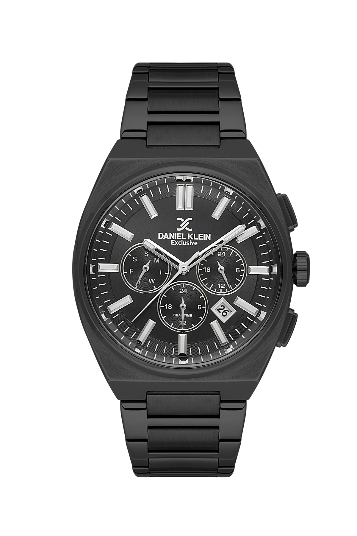 Black watch with detailed face on a white background