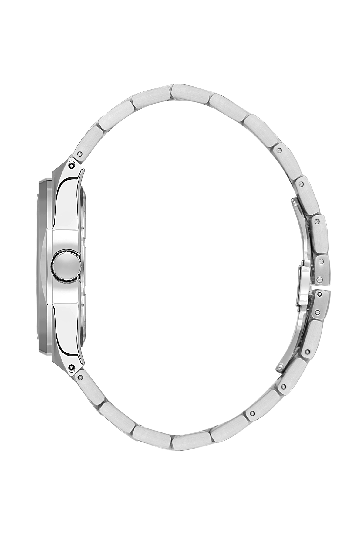Silver watch with a metal band on a white background