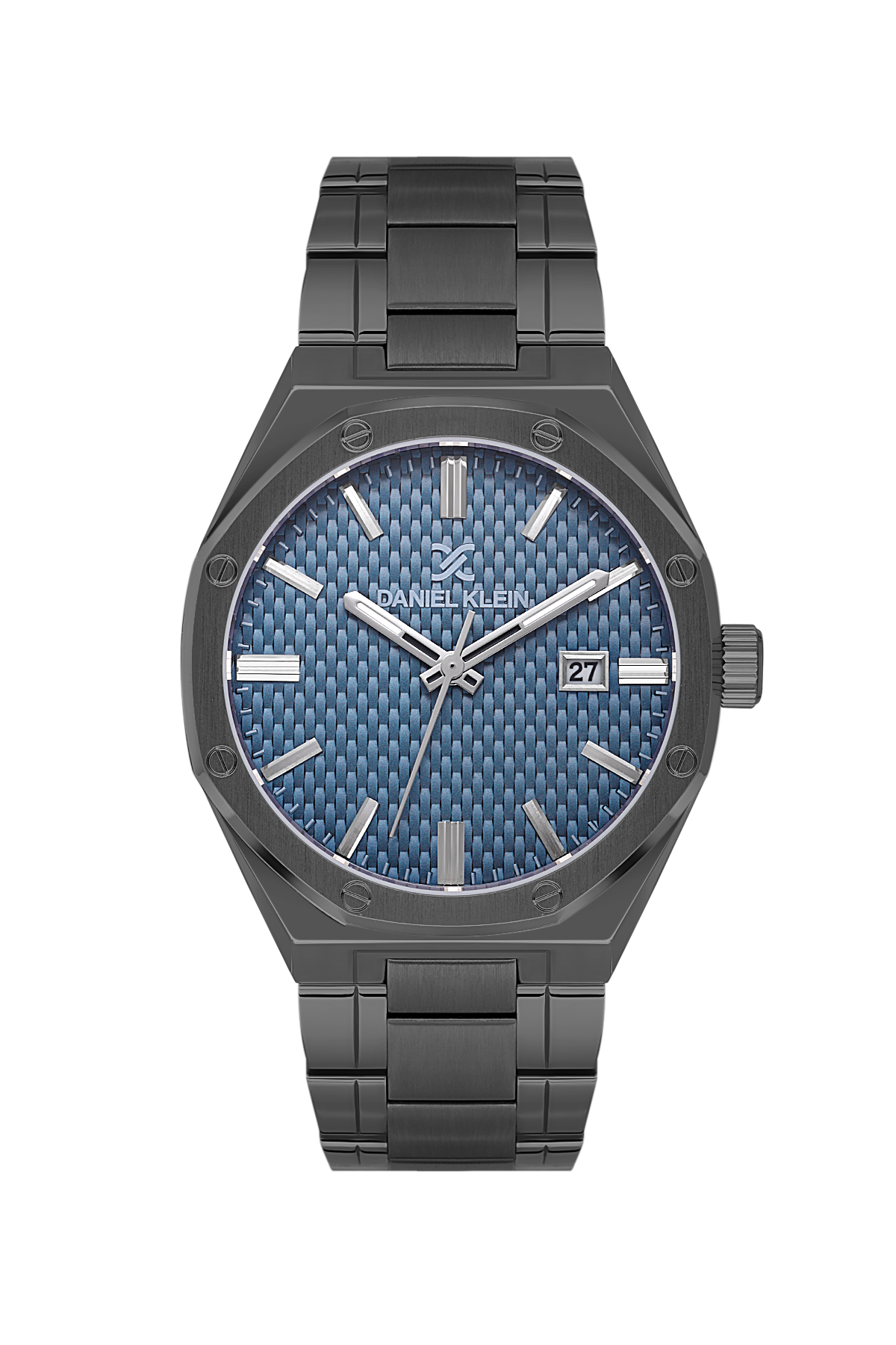 Black wristwatch with blue textured dial on a white background