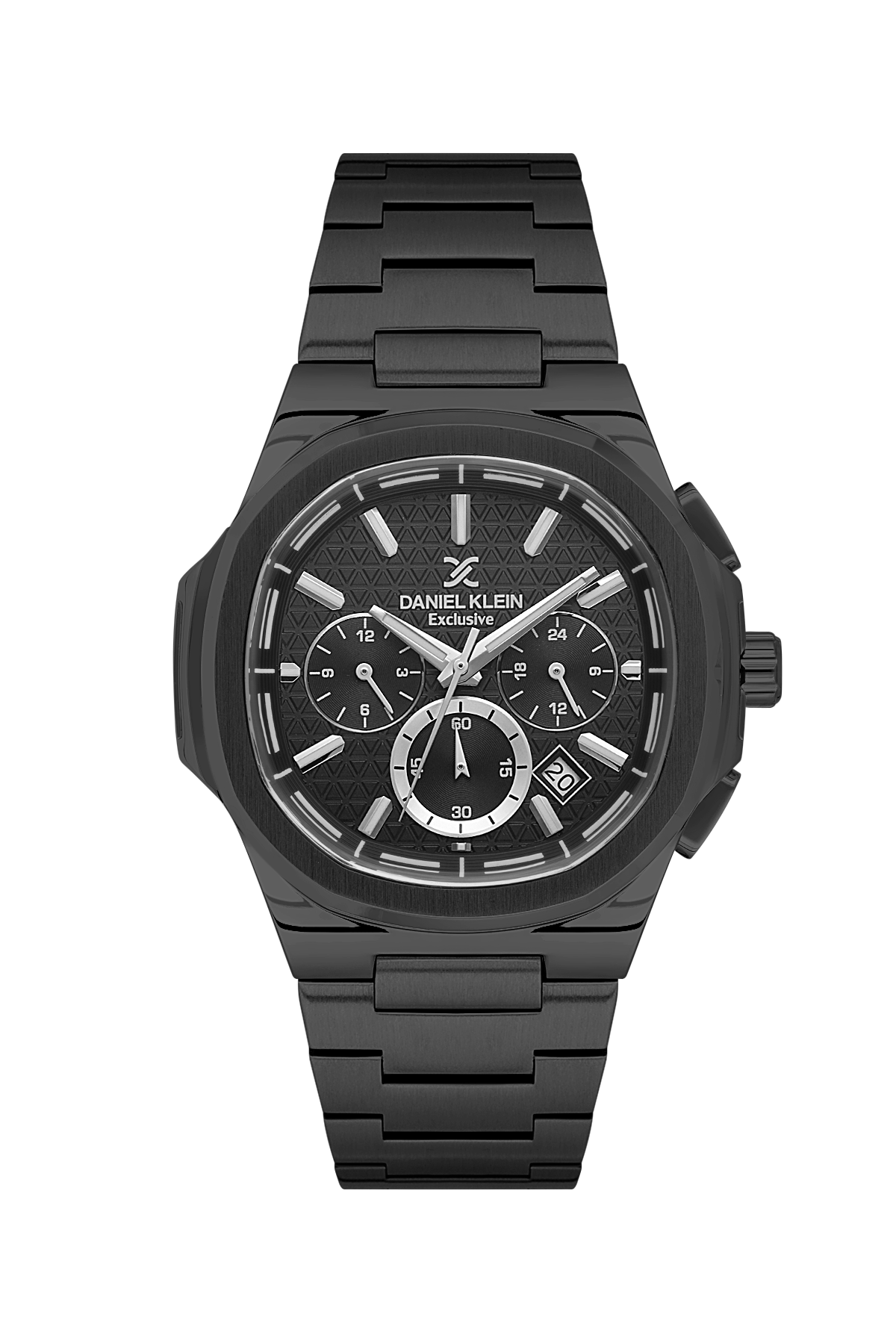 Black wristwatch with detailed face on a white background