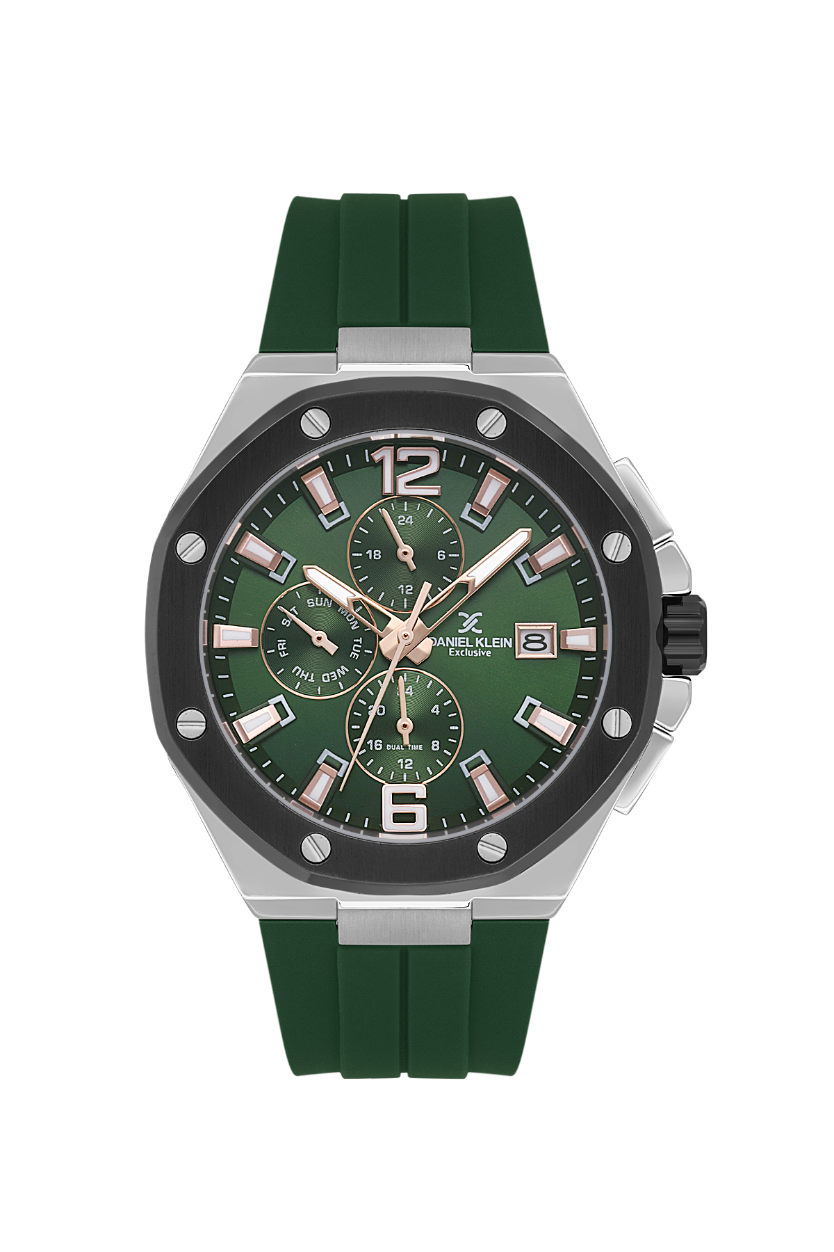 Green watch with a detailed face on a white background