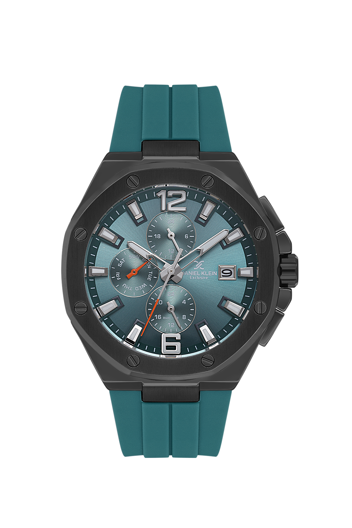 Watch with teal strap and black case on a white background