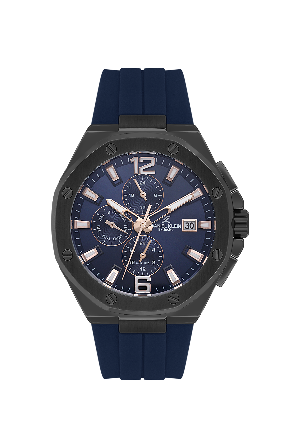 Watch with blue strap and dark case on a white background
