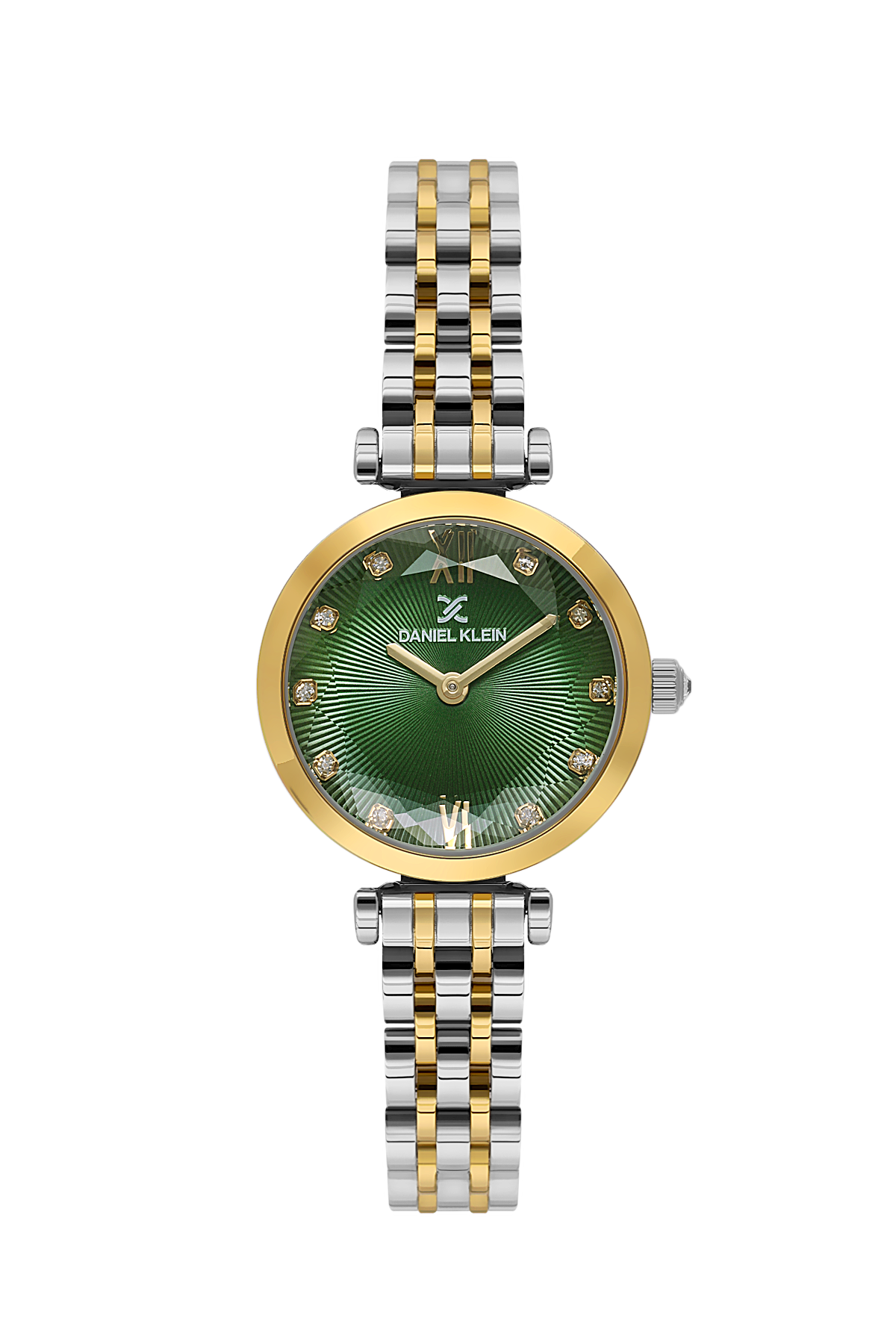 Watch with green face and two-tone metal strap on white background