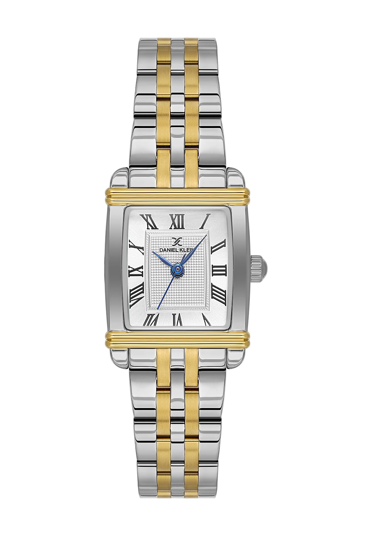 Two-tone watch with silver and gold band on a white background
