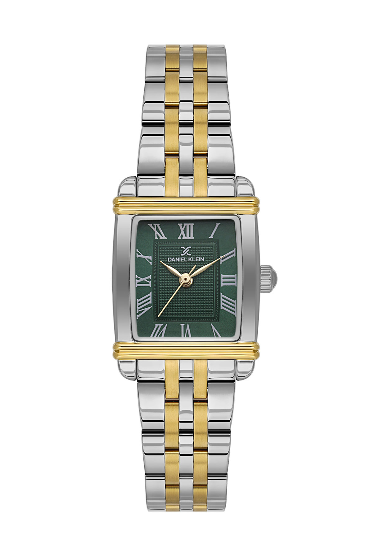 Two-tone watch with green face and gold accents on a white background