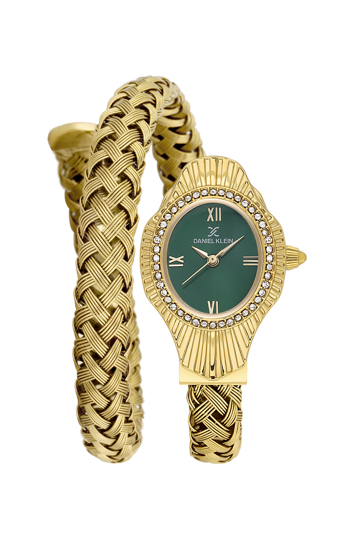 Gold watch with green face and braided design on a white background