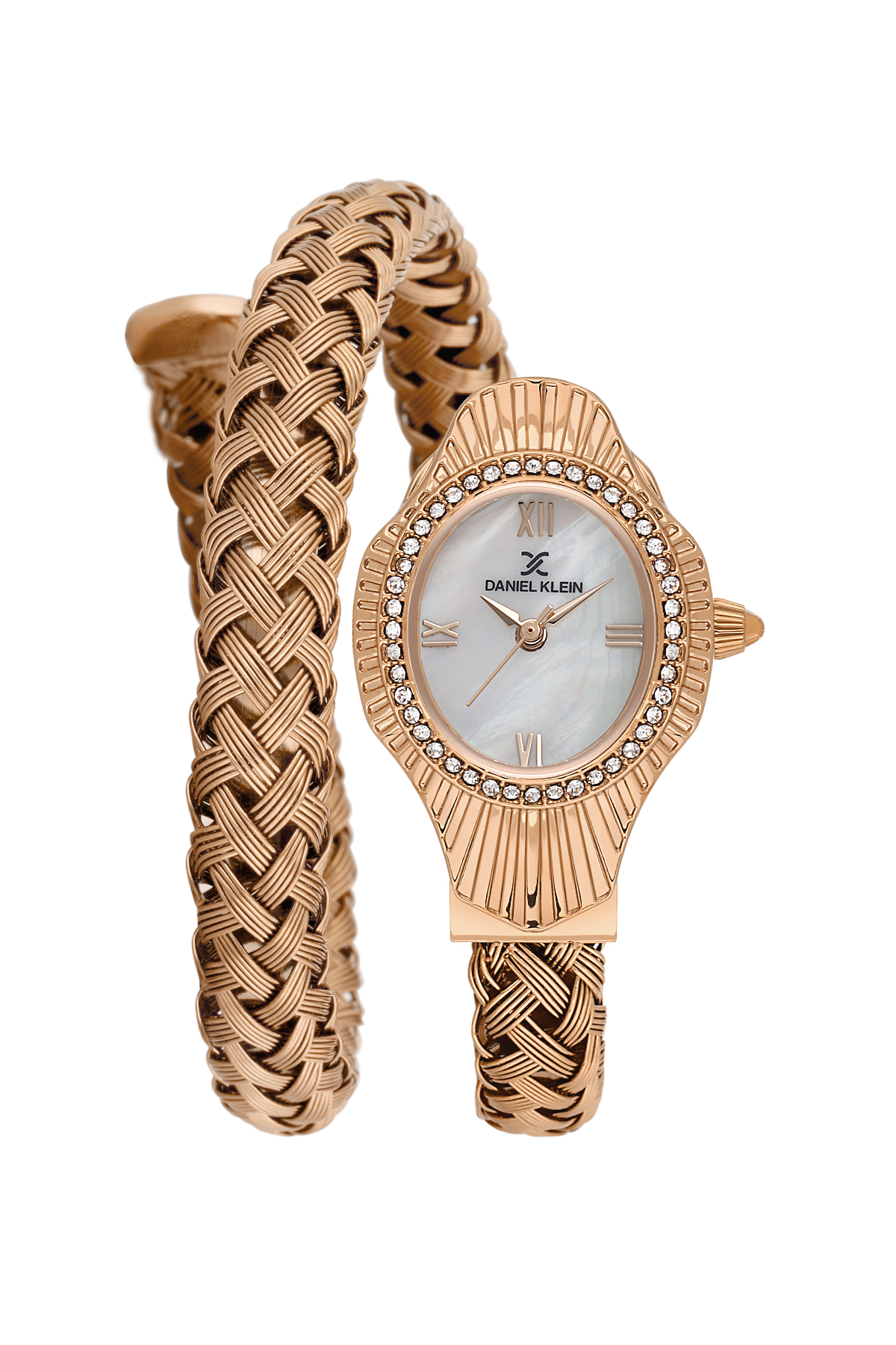 Rose gold watch and bracelet set on a white background