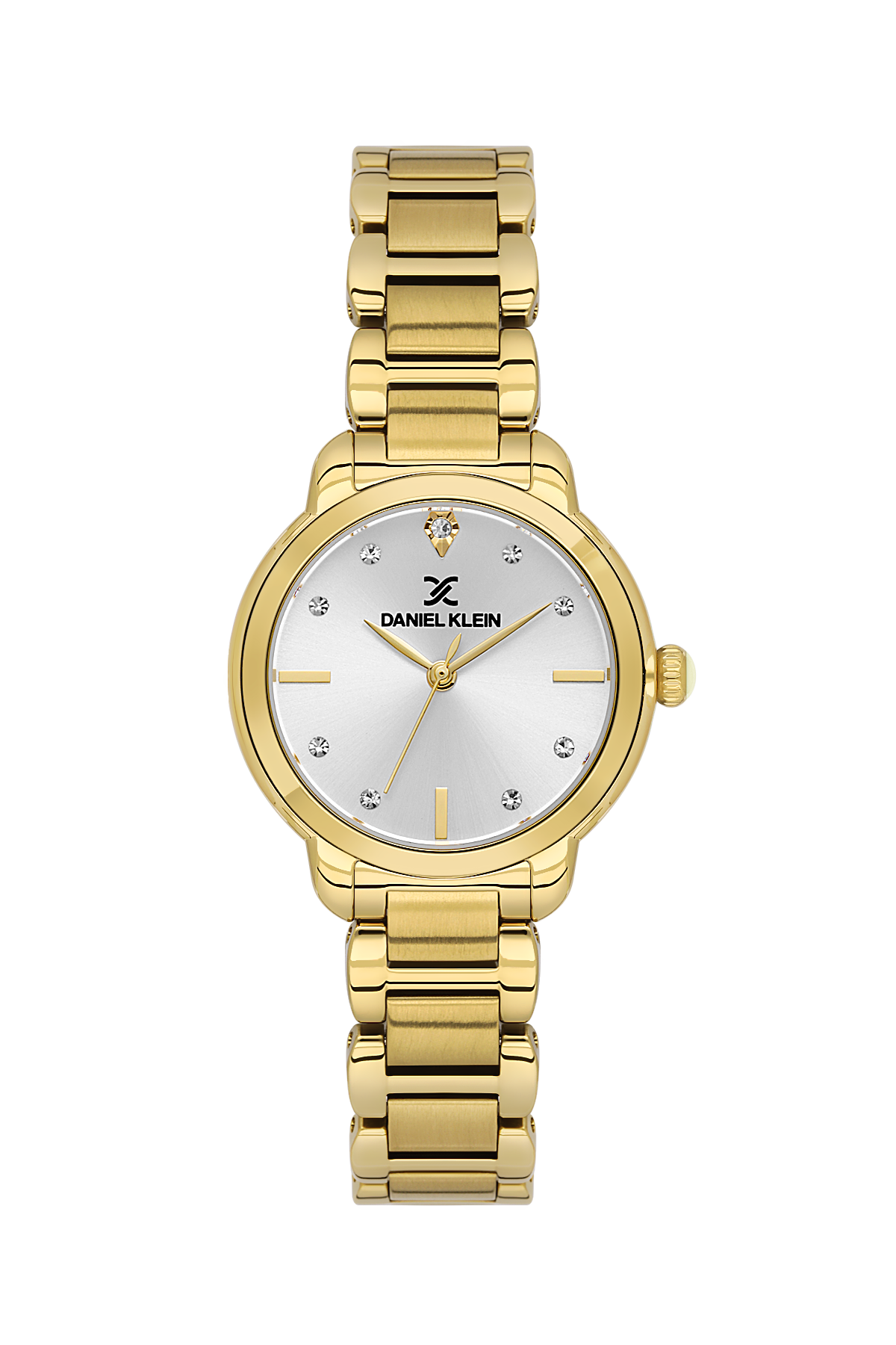 Gold wristwatch with a silver face on a white background