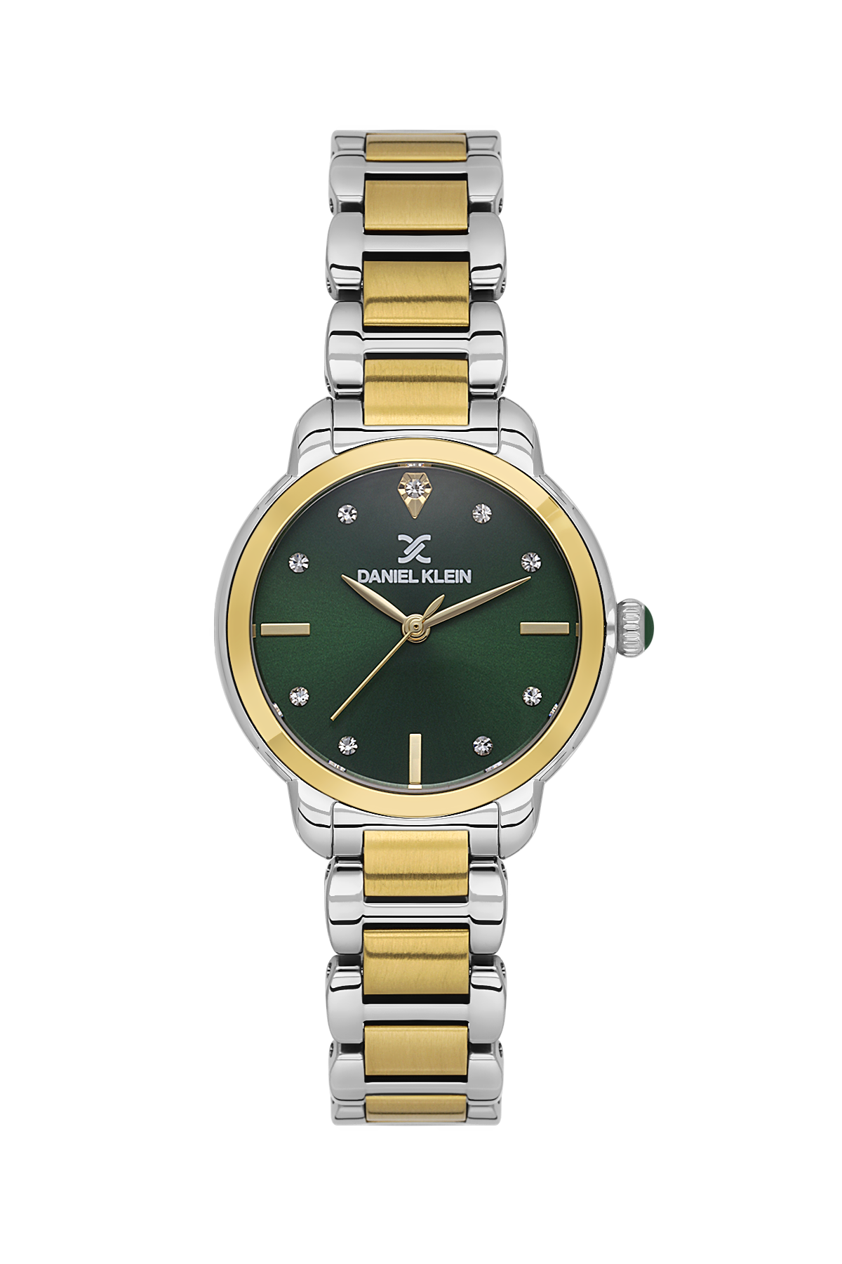 Two-tone watch with green face and silver and gold band on white background