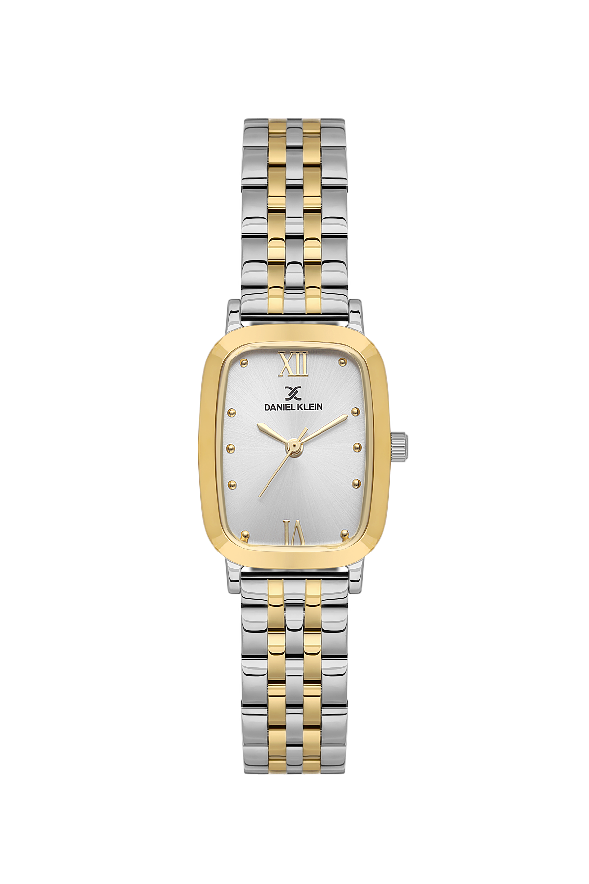 Two-tone watch with silver and gold band on a white background