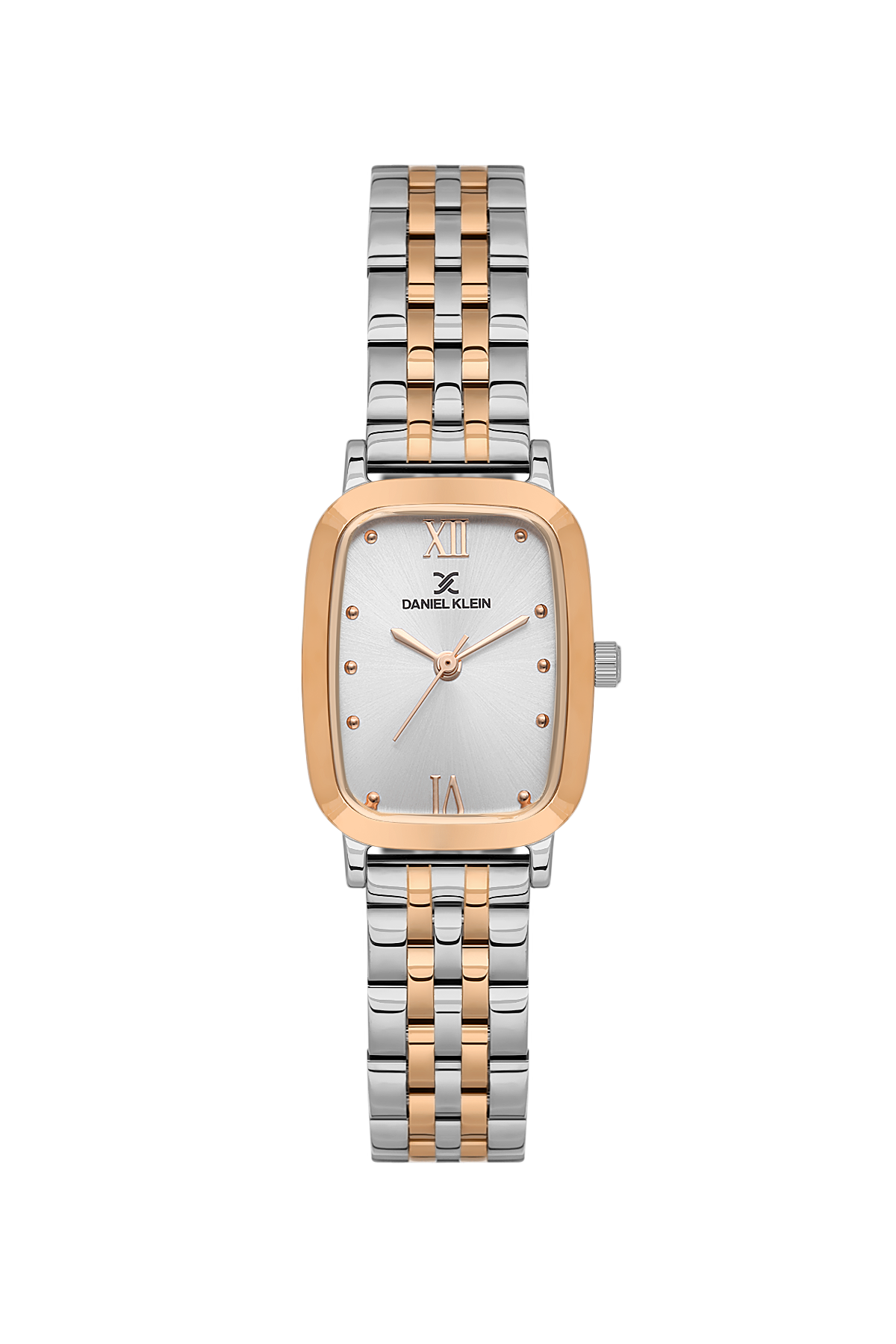 Two-tone watch with silver and rose gold band on a white background