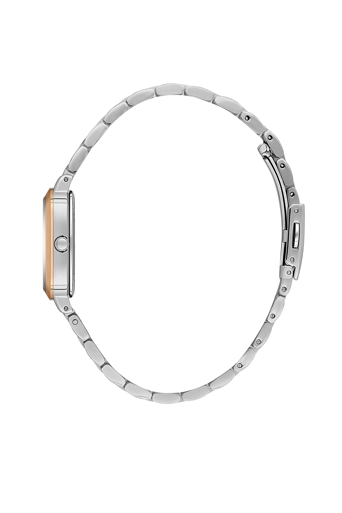 Silver watch with rose gold accents on a white background
