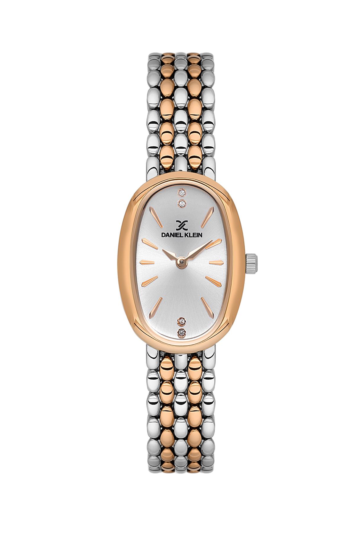 Two-tone watch with silver and rose gold band on a white background