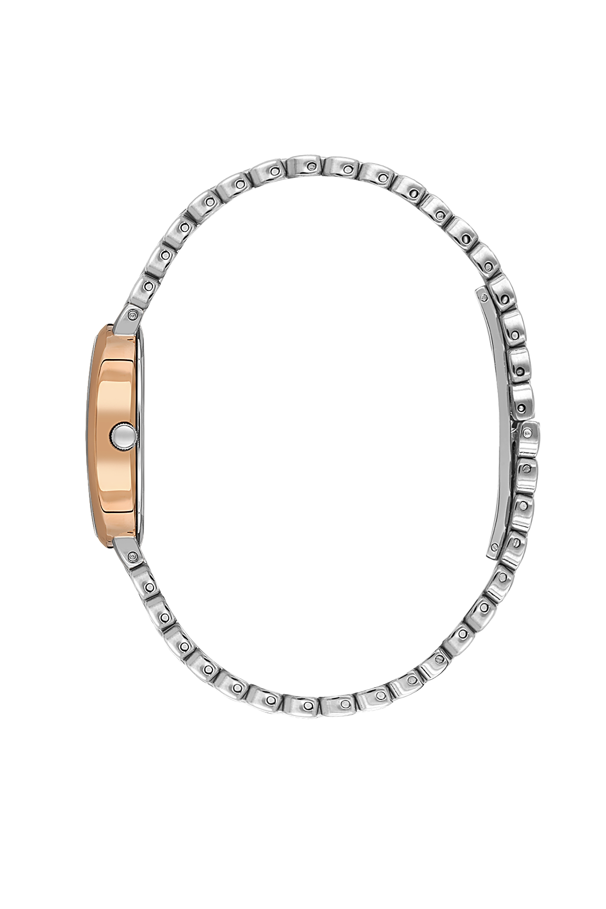 Silver bracelet with rose gold accents on a white background