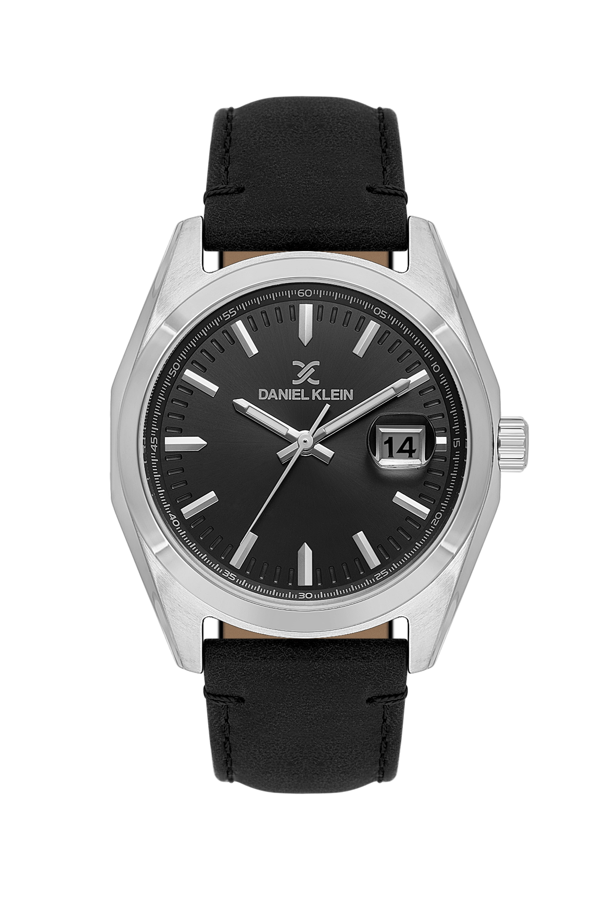 Daniel Klein watch with black leather strap and black dial on a white background