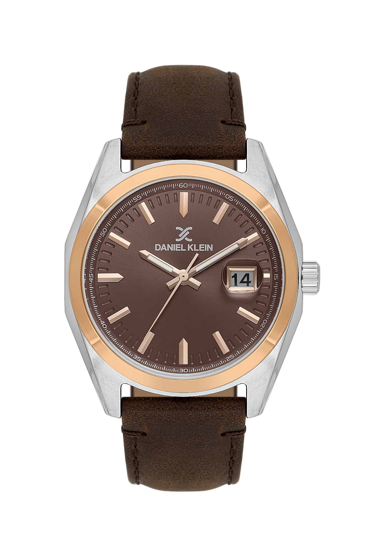 Wristwatch with brown leather strap and brown dial on a white background