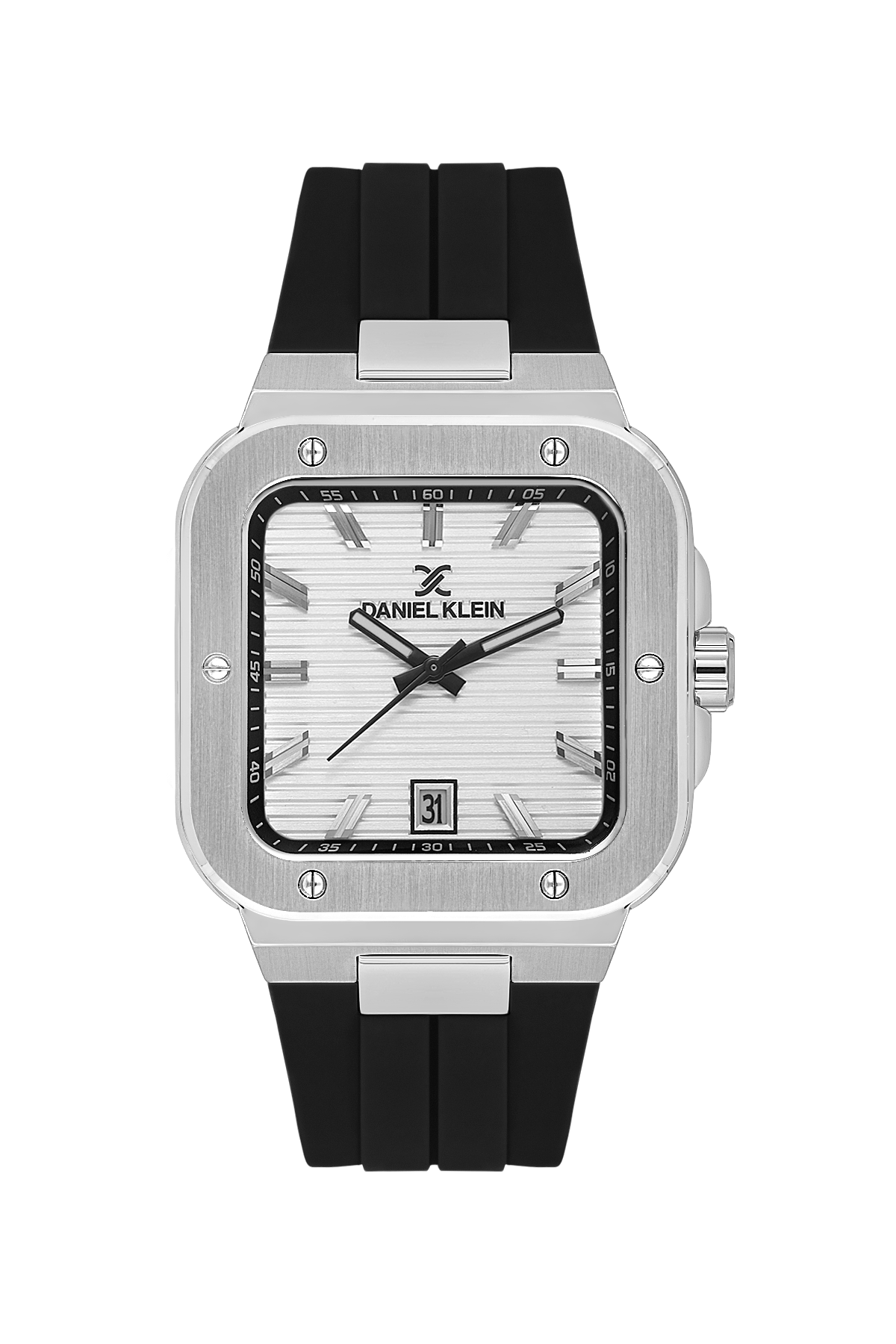 Daniel Klein watch with black strap and silver case on a white background