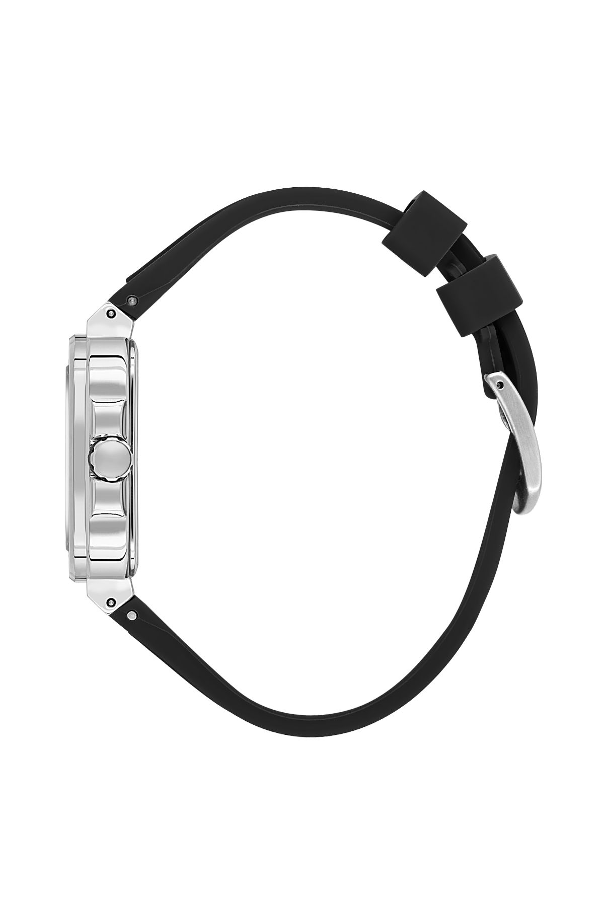 Wristwatch with black strap and silver case on a white background