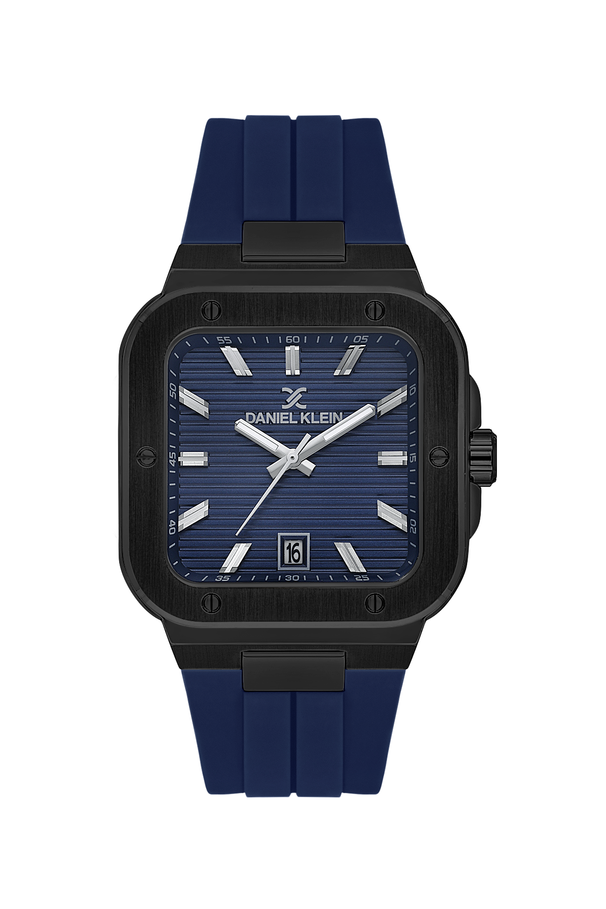 Blue watch with black case and strap on a white background