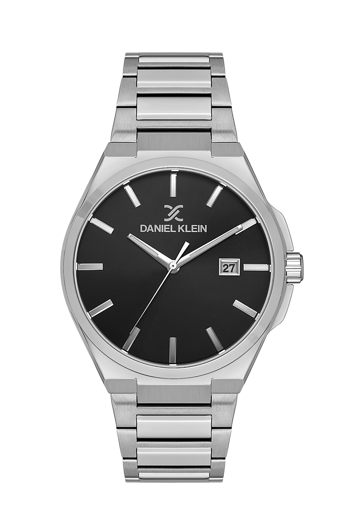 Silver watch with black dial on a white background