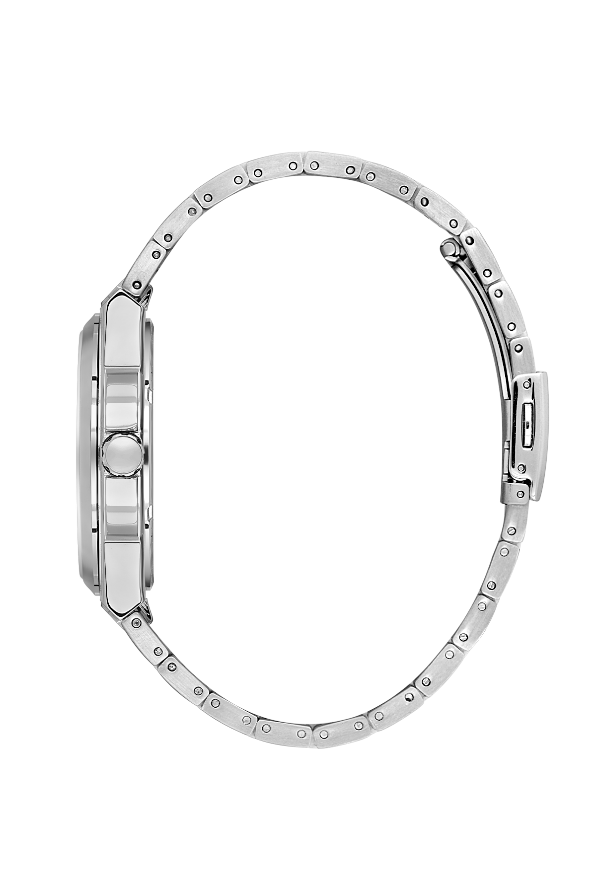 Silver watch with a detailed band on a white background