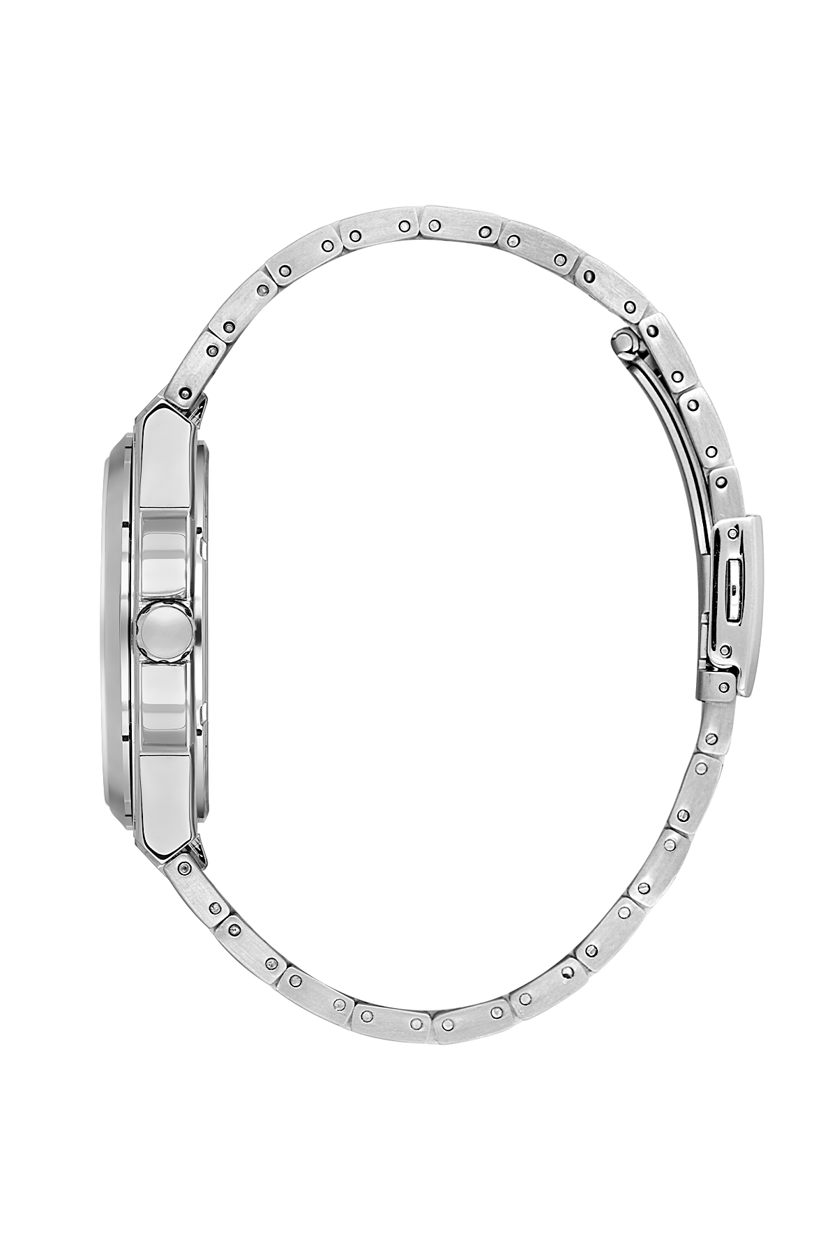 Close-up of a silver watch with detailed band design on a white background