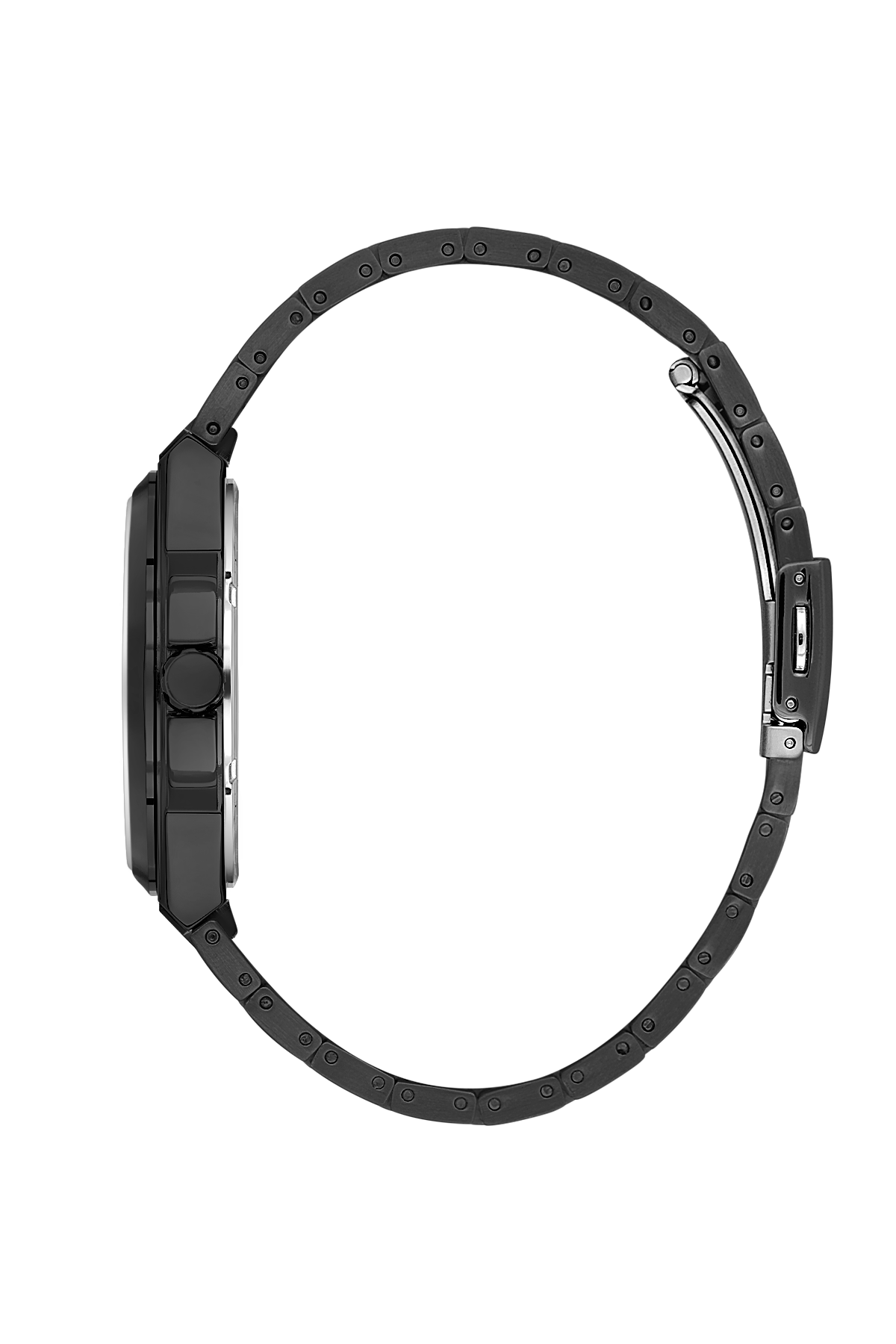 Black wristwatch on a white background