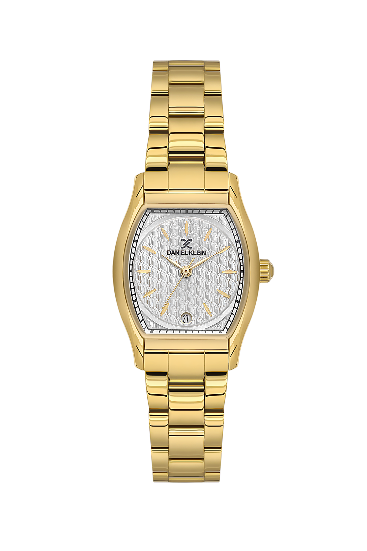 Gold watch with a silver face on a white background