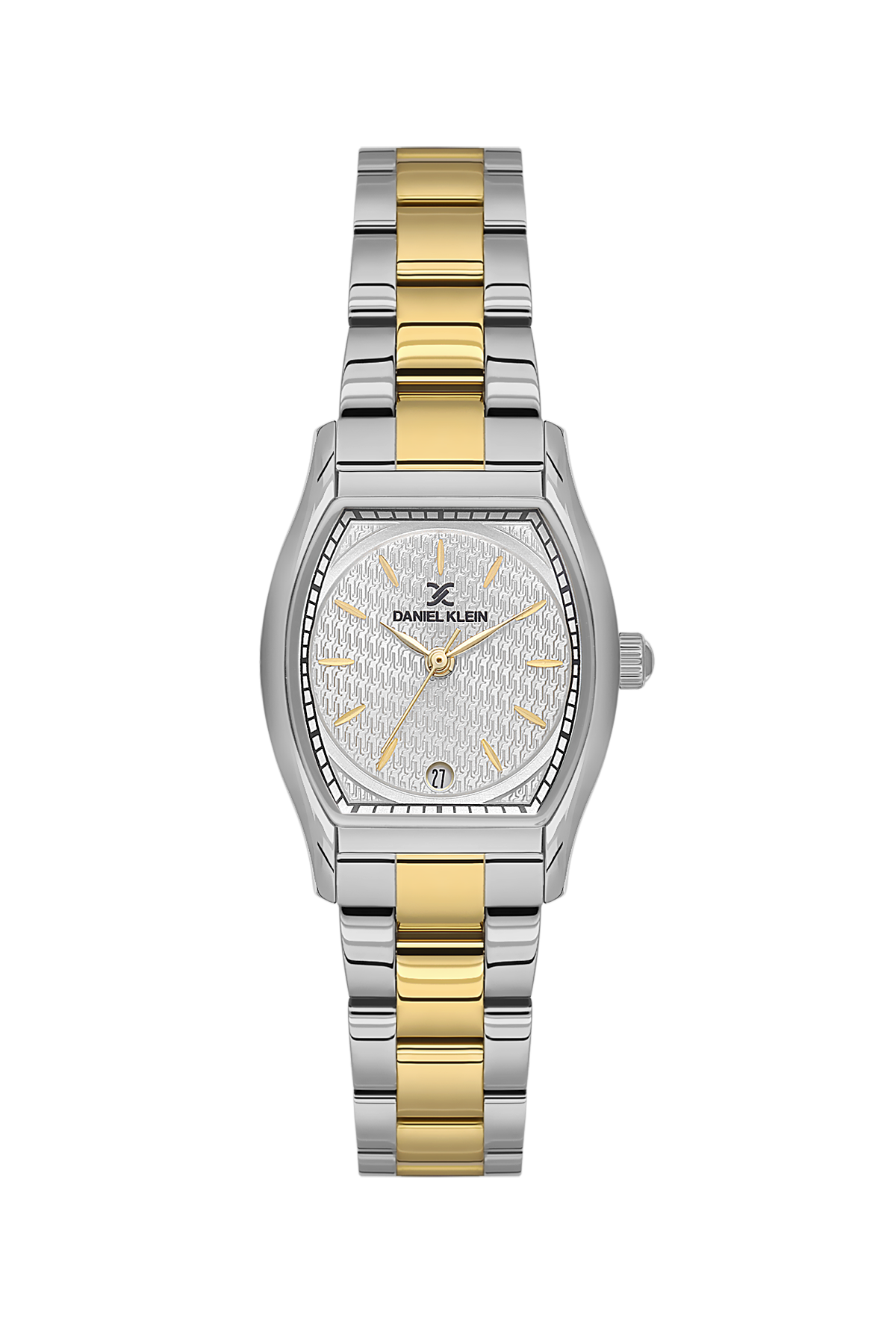 Two-tone silver and gold watch with a white face on a white background