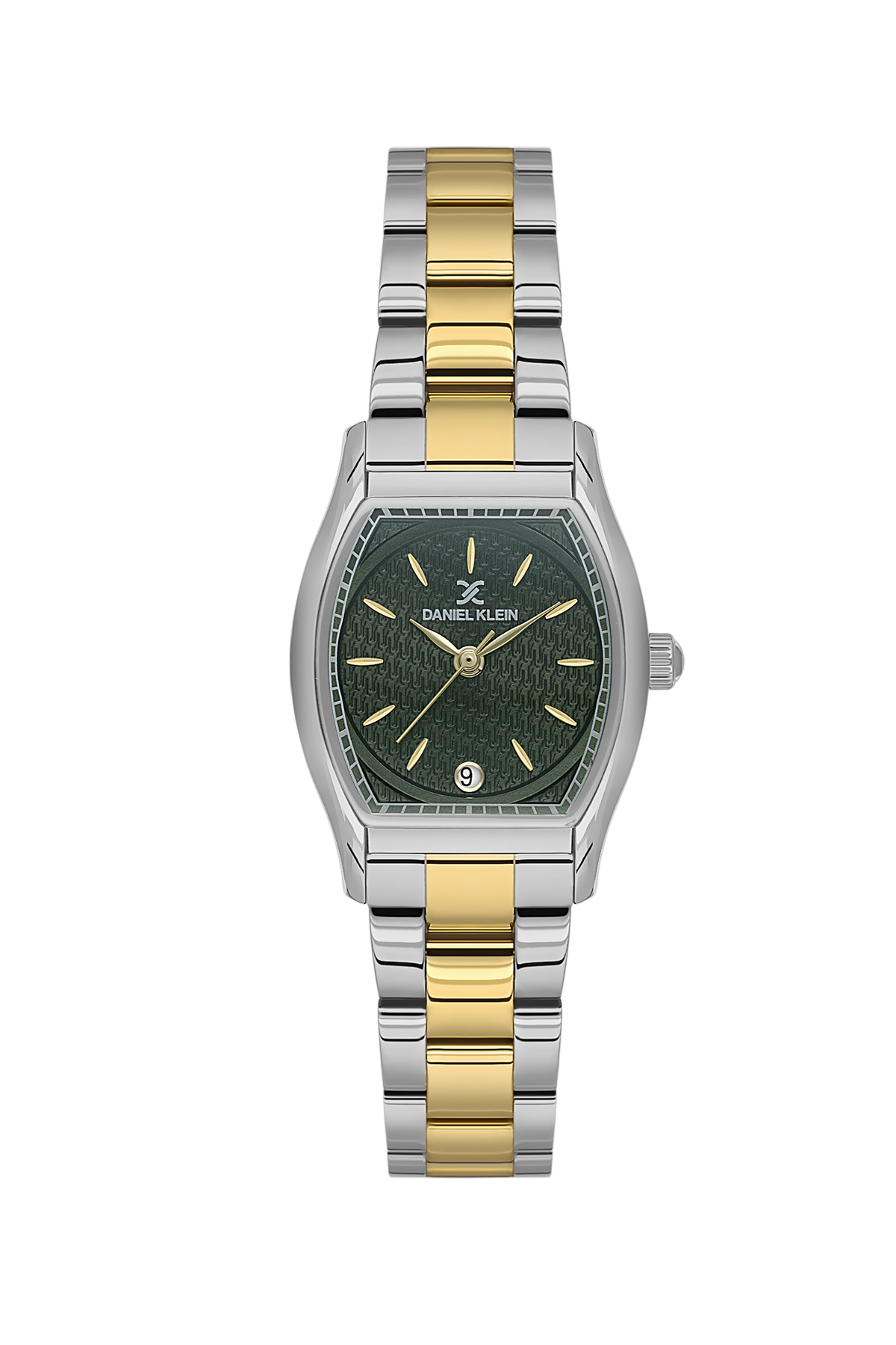 Wristwatch with two-tone gold and silver band on a white background