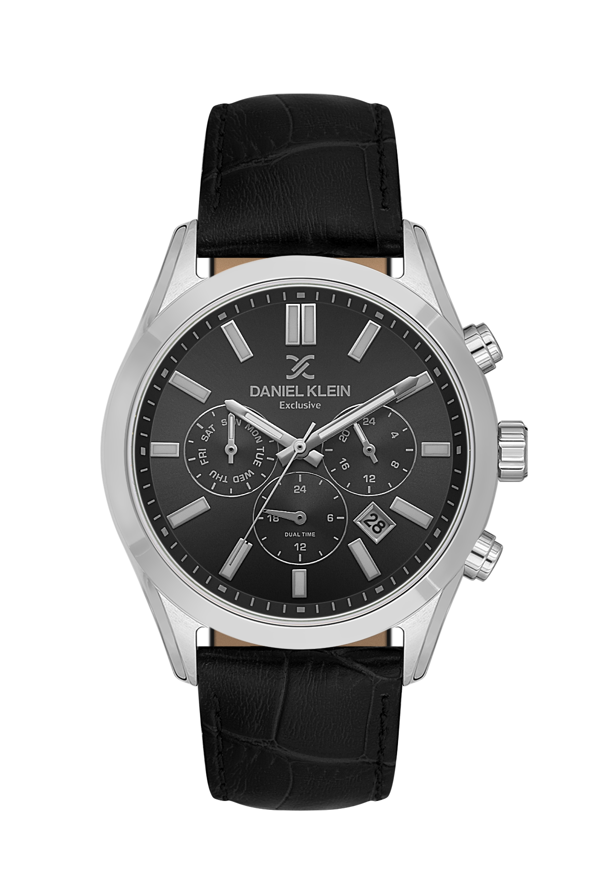 Black wristwatch with silver case and black leather strap on a white background