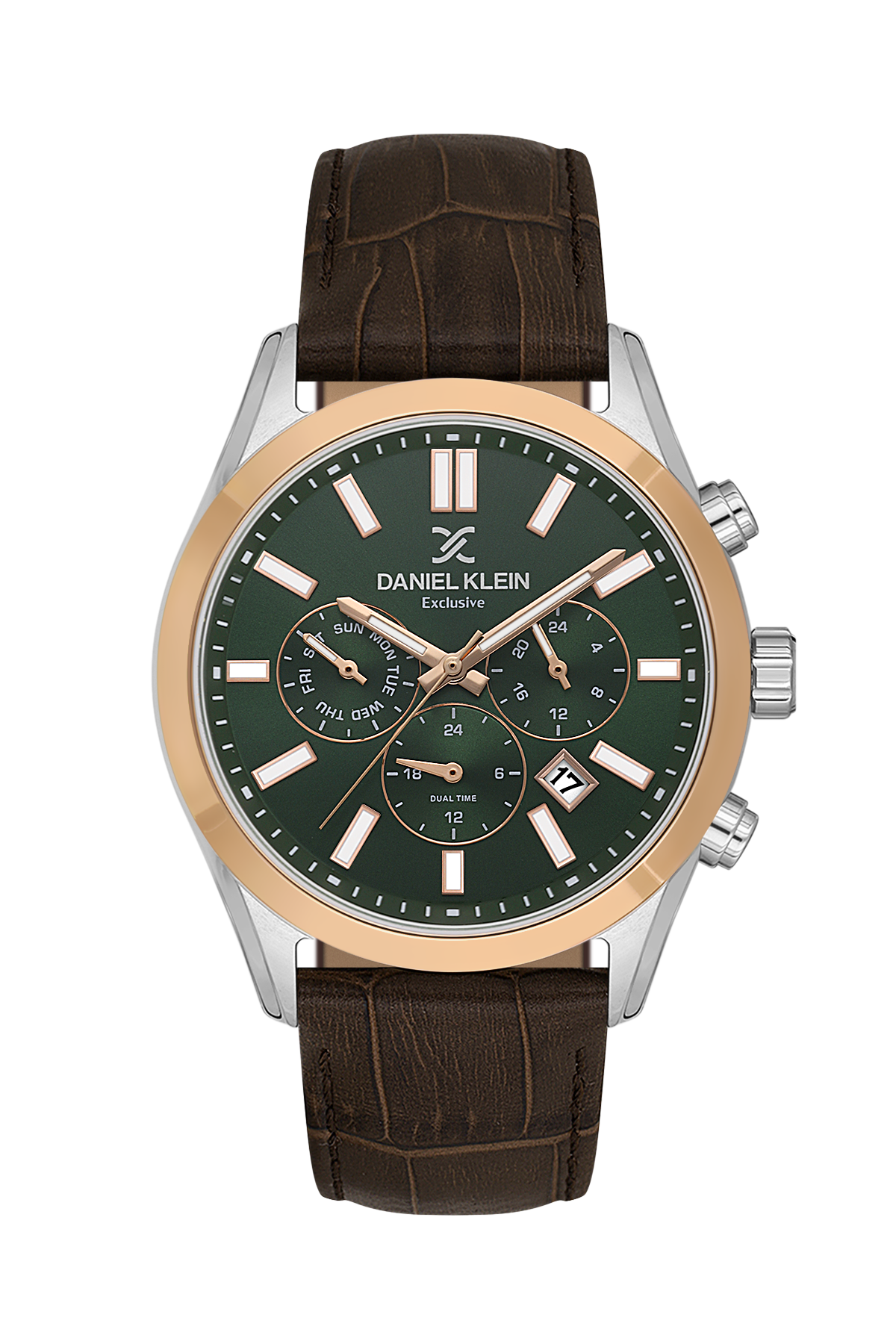 Daniel Klein watch with green dial and brown leather strap on white background