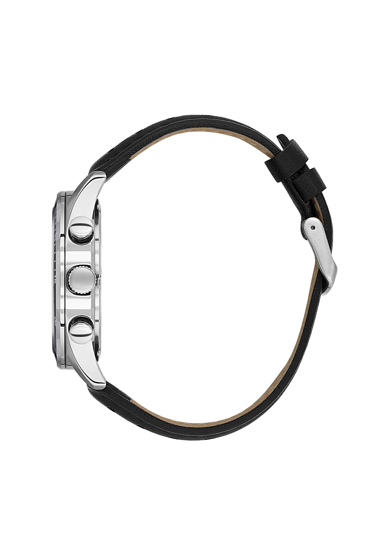 Close-up of a watch with a black strap on a white background