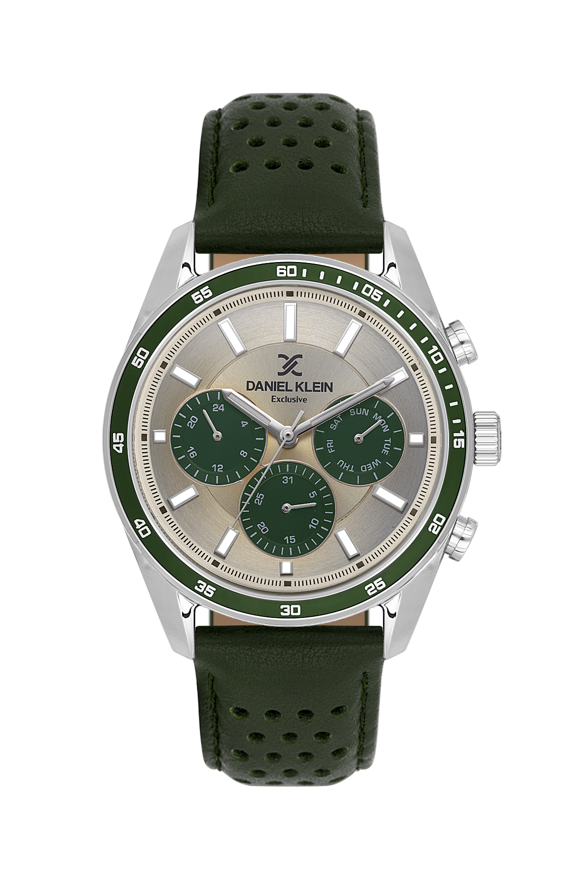 Green wristwatch with silver case and detailed face on a white background