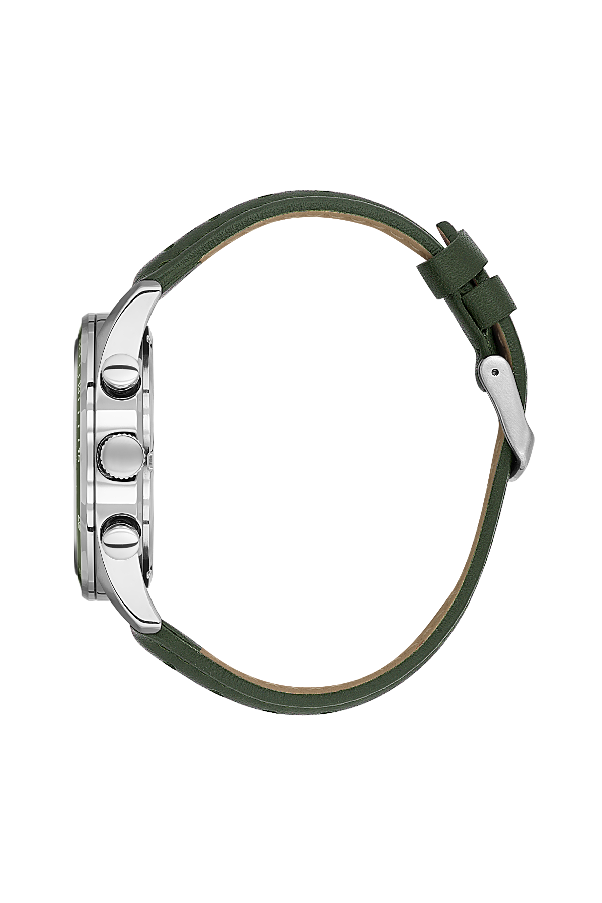 Watch with green strap and silver case on a white background