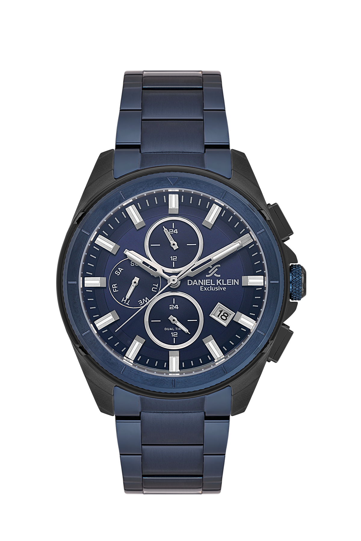 Blue watch with a detailed face on a white background