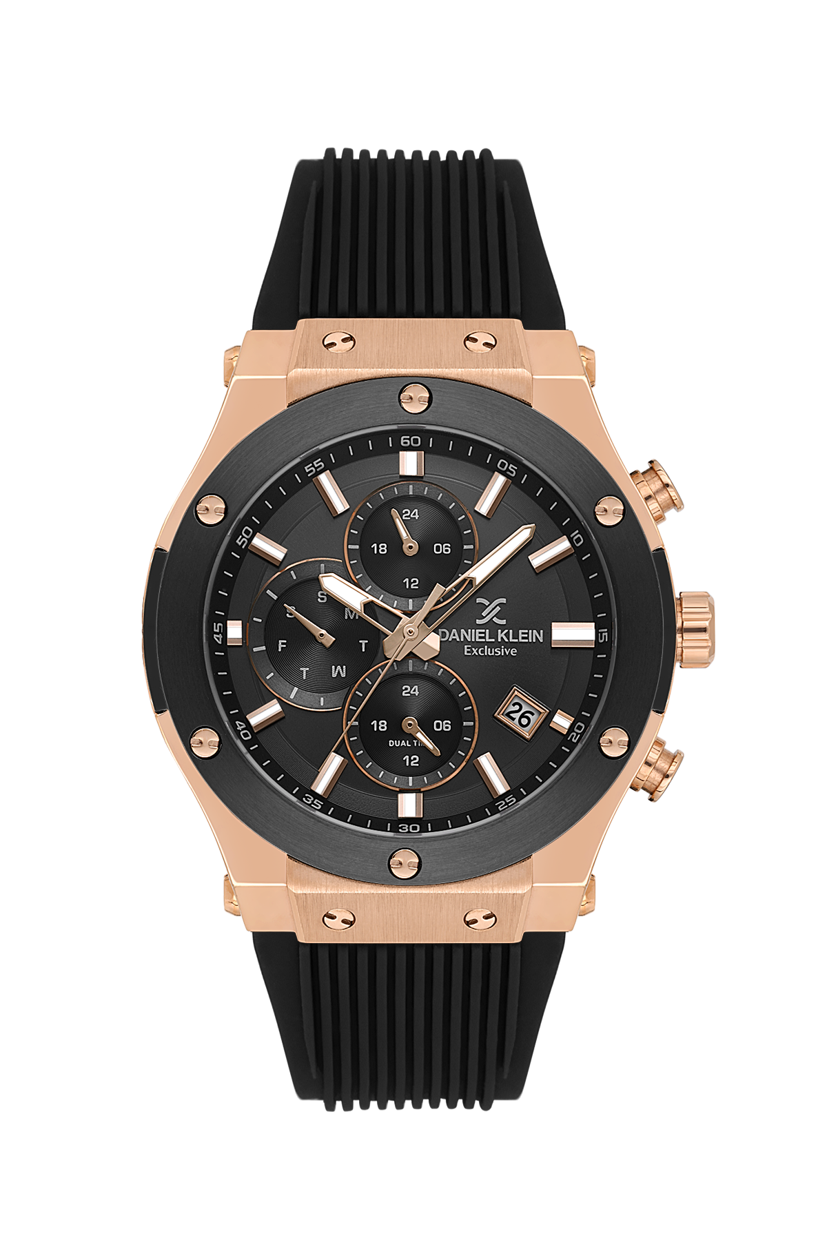 Hublot watch with black and rose gold design on a white background