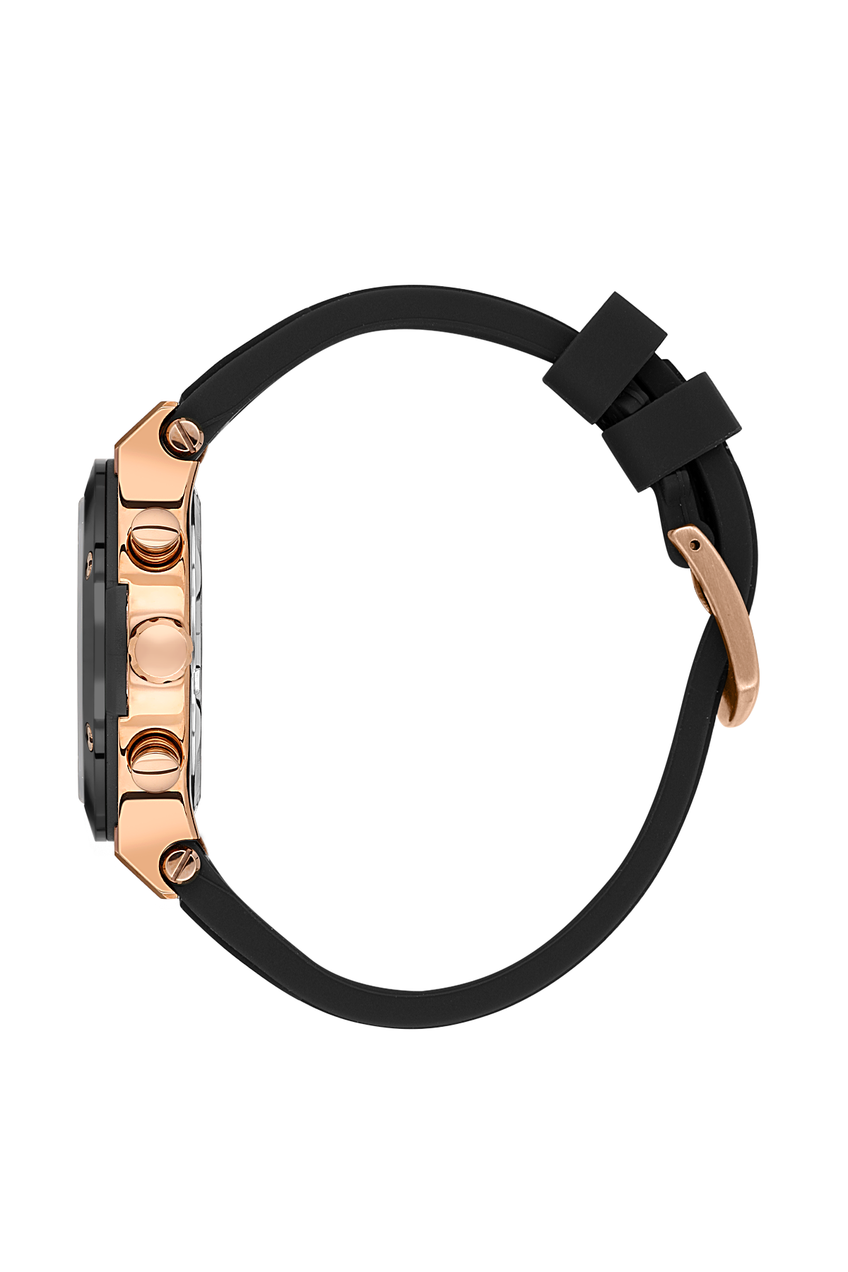 Watch with black strap and rose gold case on a white background