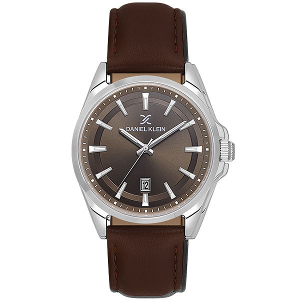 Daniel Klein watch with brown leather strap and brown dial on white background